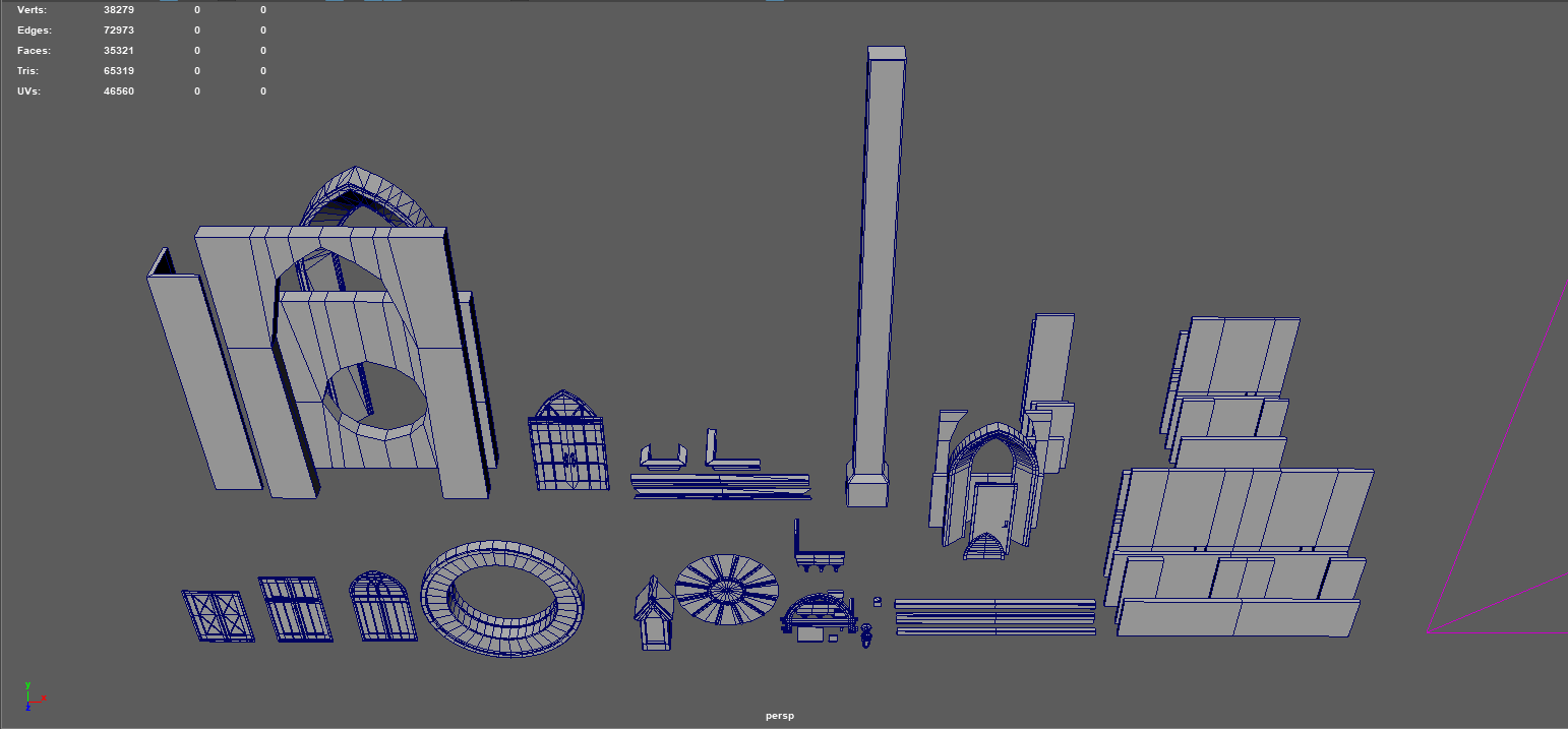 An Autodesk Maya screenshot displaying the wireframes of the Cranmer Hall modular kit