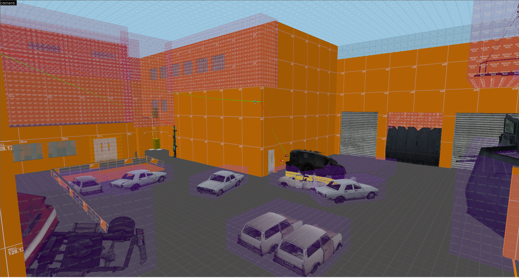 A Screenshot of Source Hammer Editor displaying a hospital courtyard with cars and development meshes