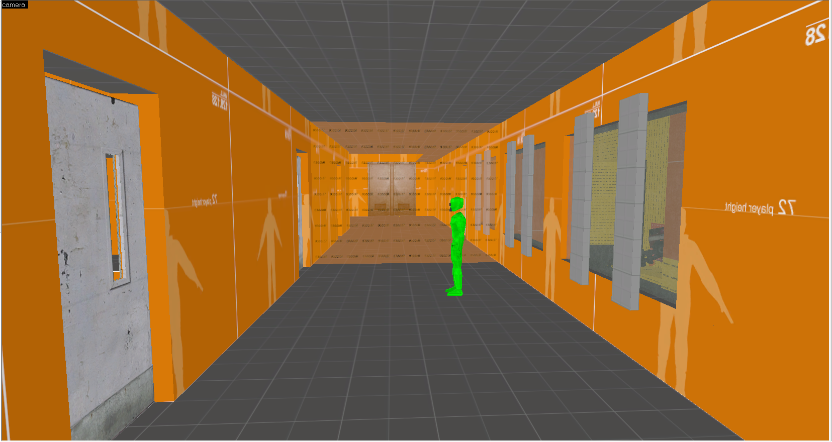 A Screenshot of Source Hammer Editor displaying a hospital hallway with gameplay triggers and boarded windows