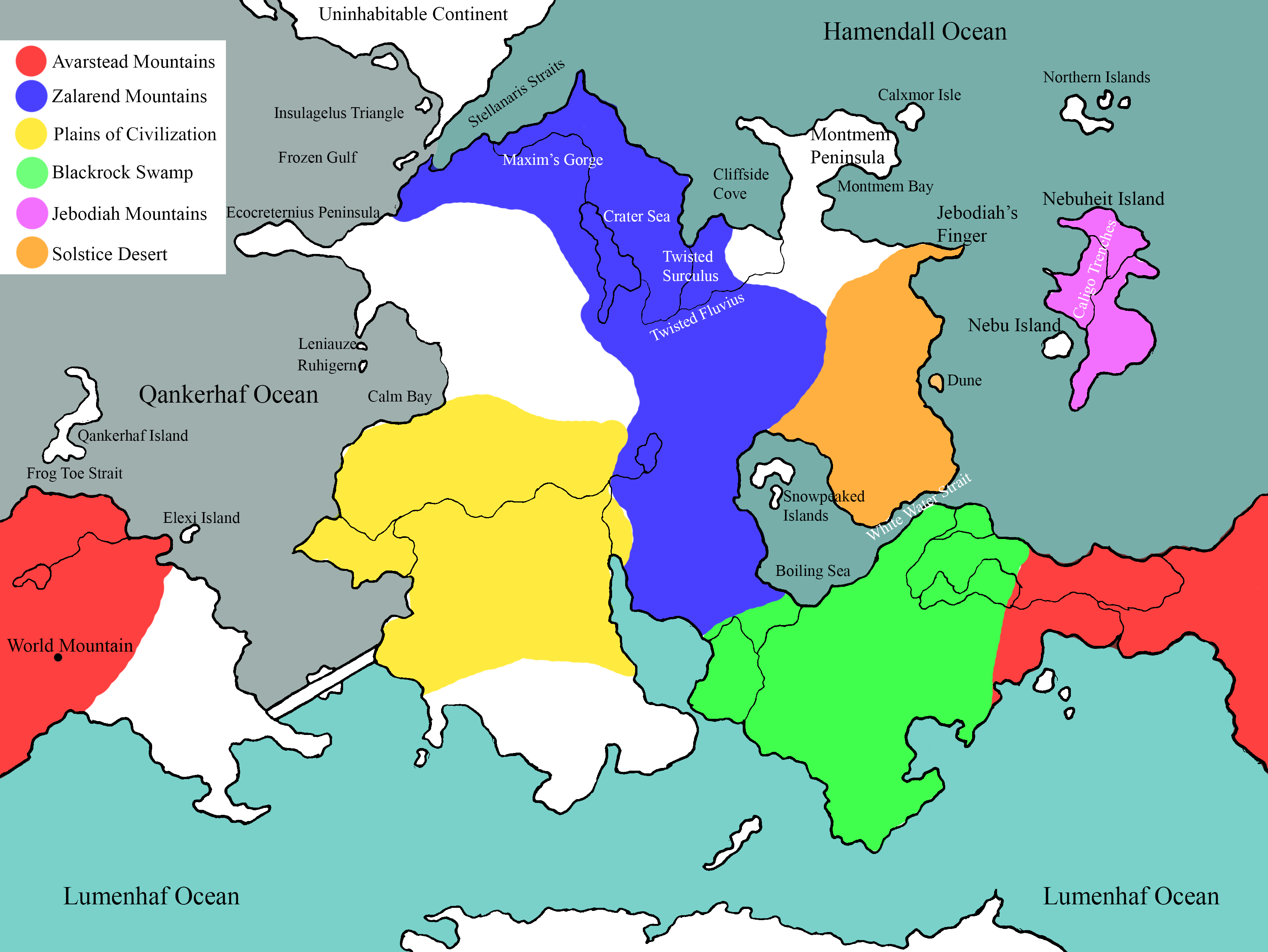 A hand drawn map of hamendall digitally colored for various regions with some region and geography labels