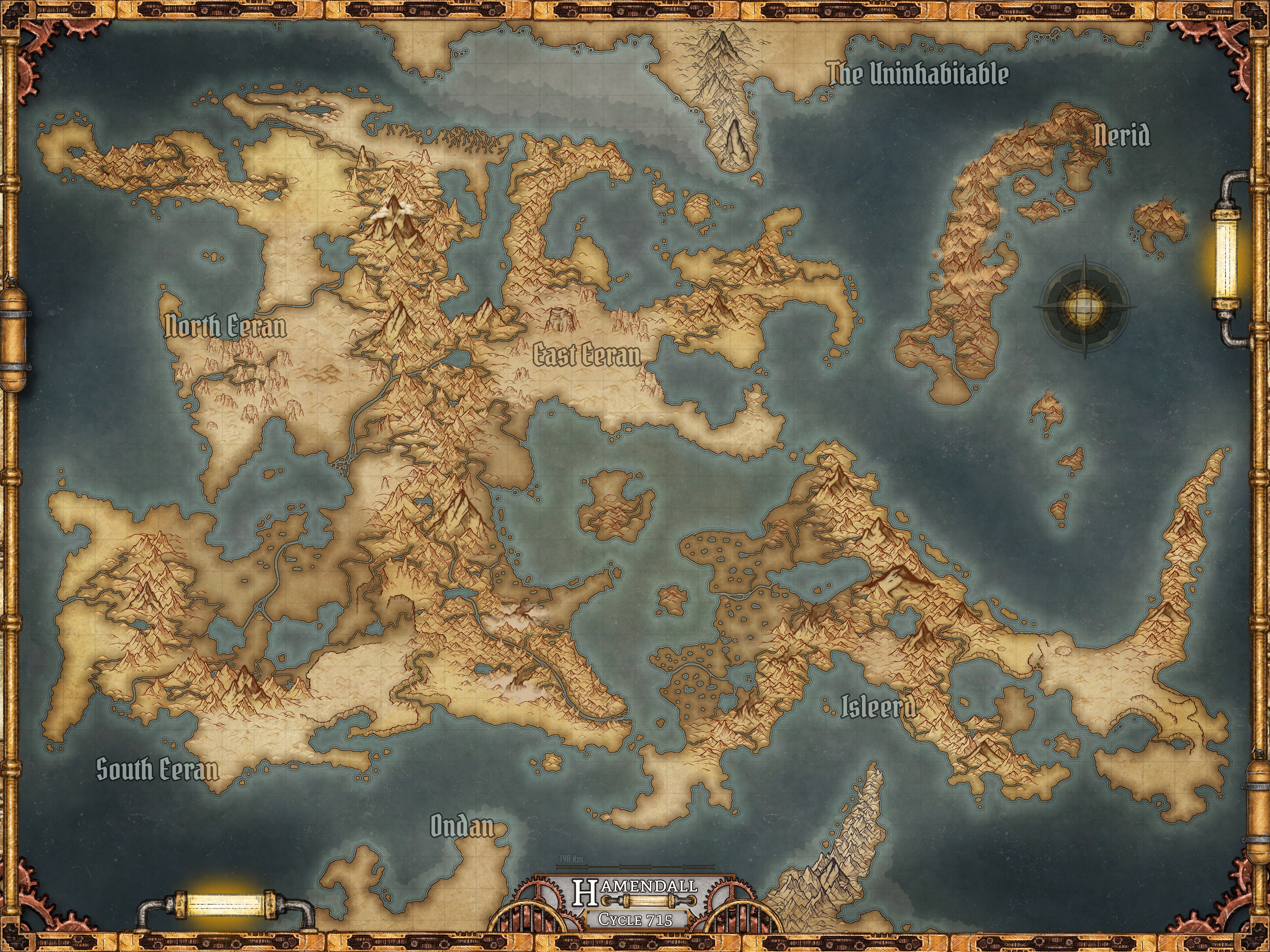 An image of hamendall's map displaying its various riverways, mountains, and continent titles alongside some frame artwork