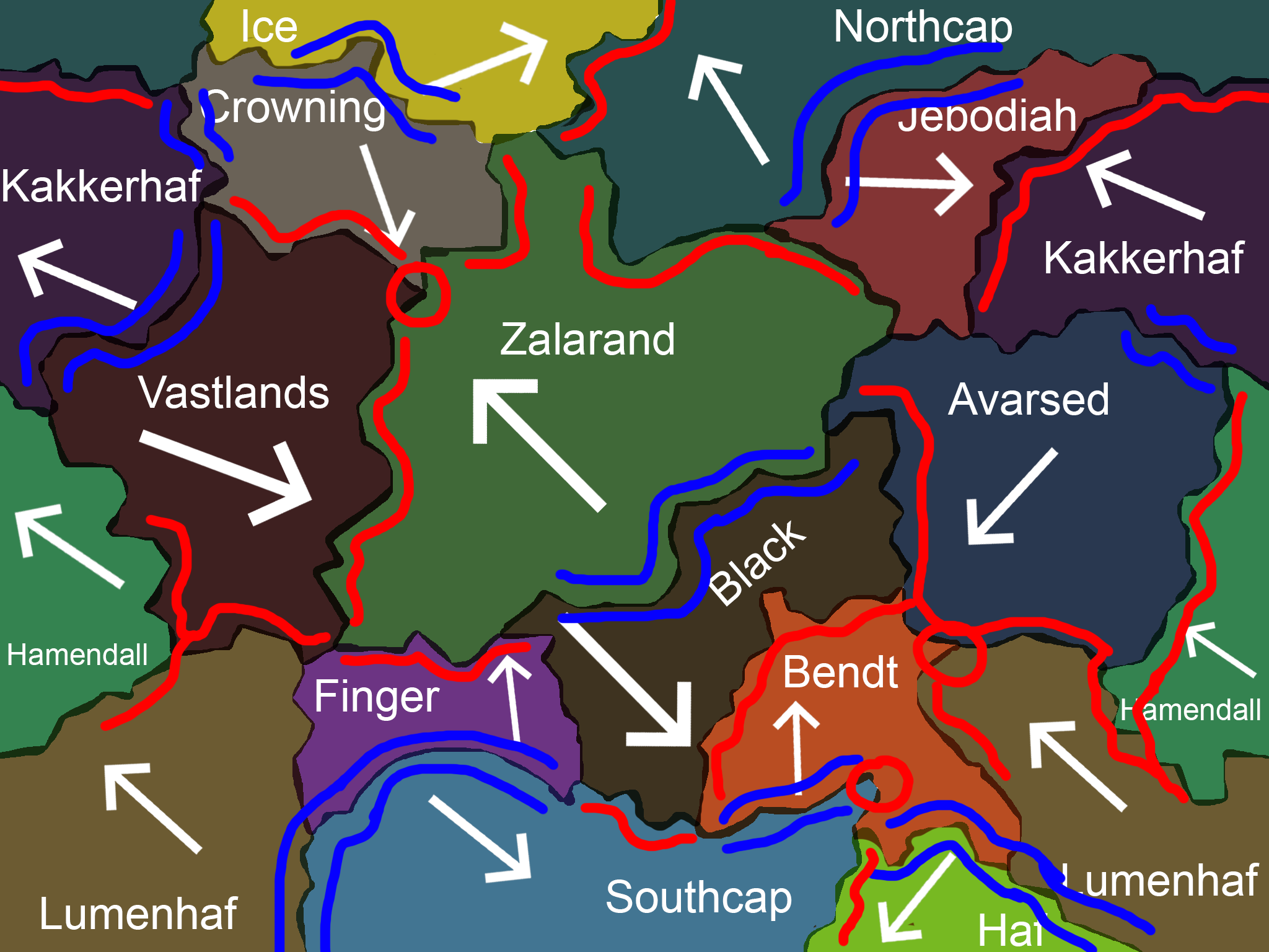 A demonstration of Hamendall's tectonic plates, where they are divided and their movement direction to inform geography