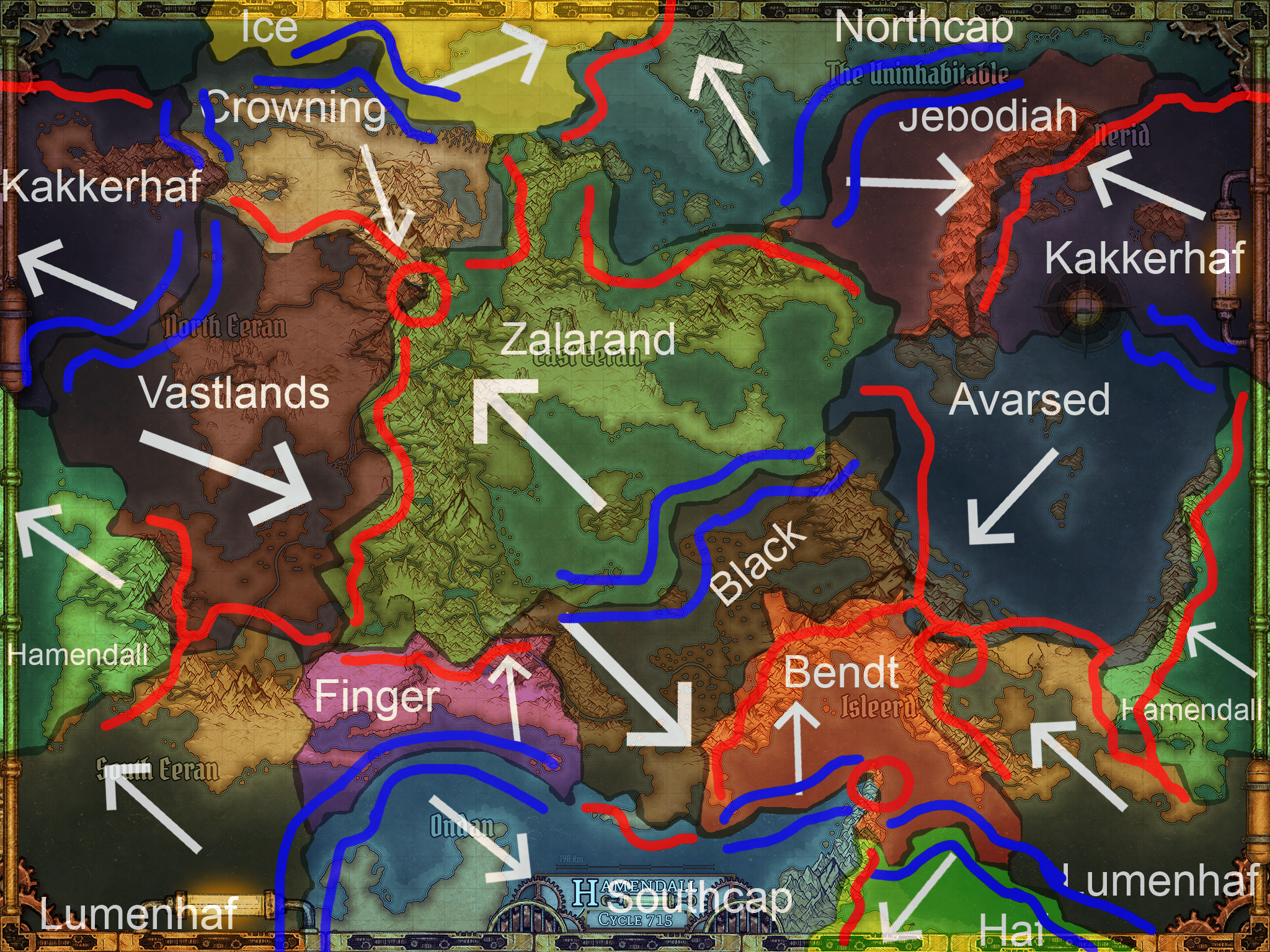 An image of hamendall's map displaying its various riverways, mountains, and continent titles alongside some frame artwork overlayed with the tectnoic plates map