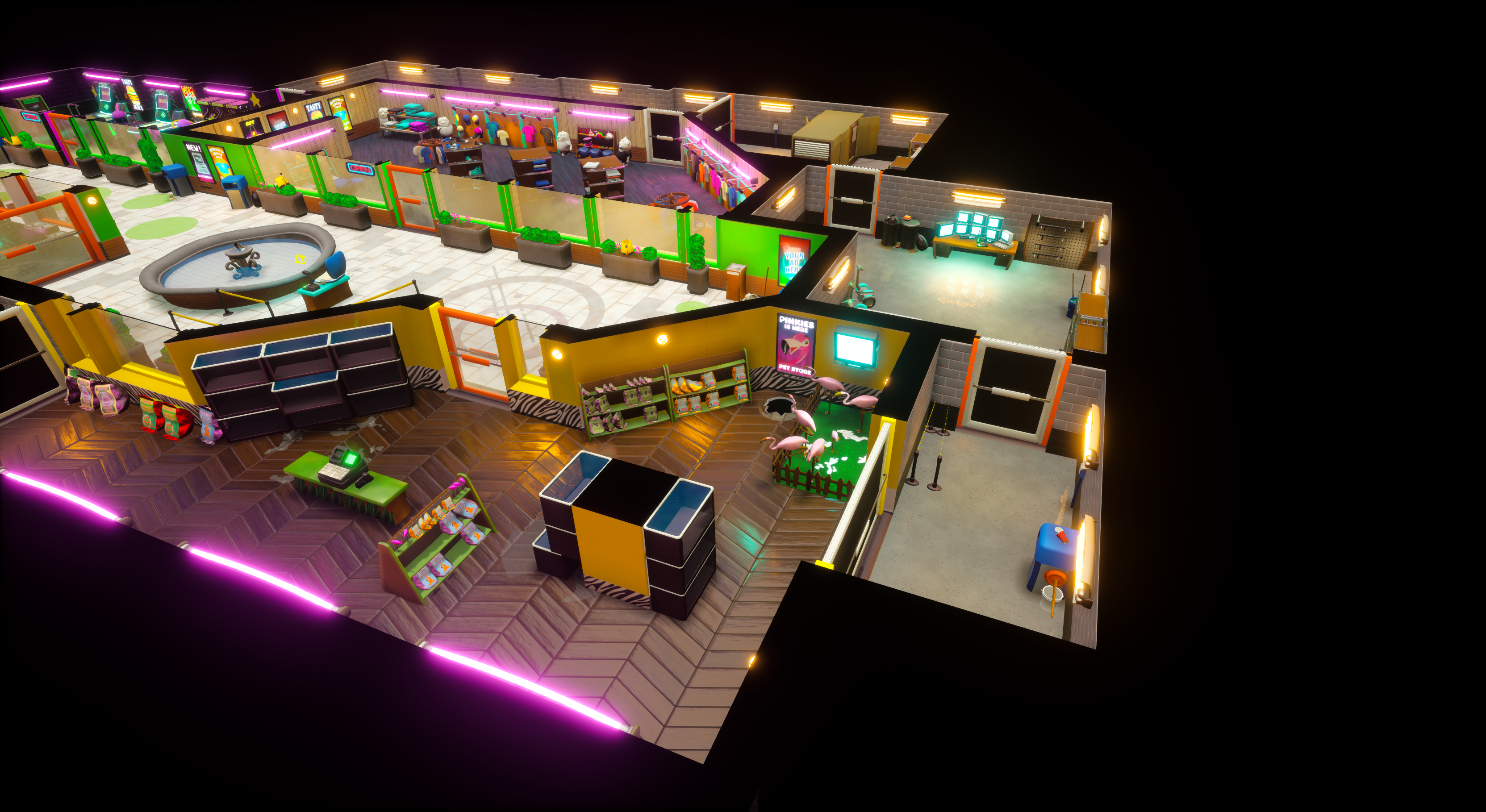 An Unreal Engine screenshot of Minimall displaying the pet store, maintenance, security, and central lobby