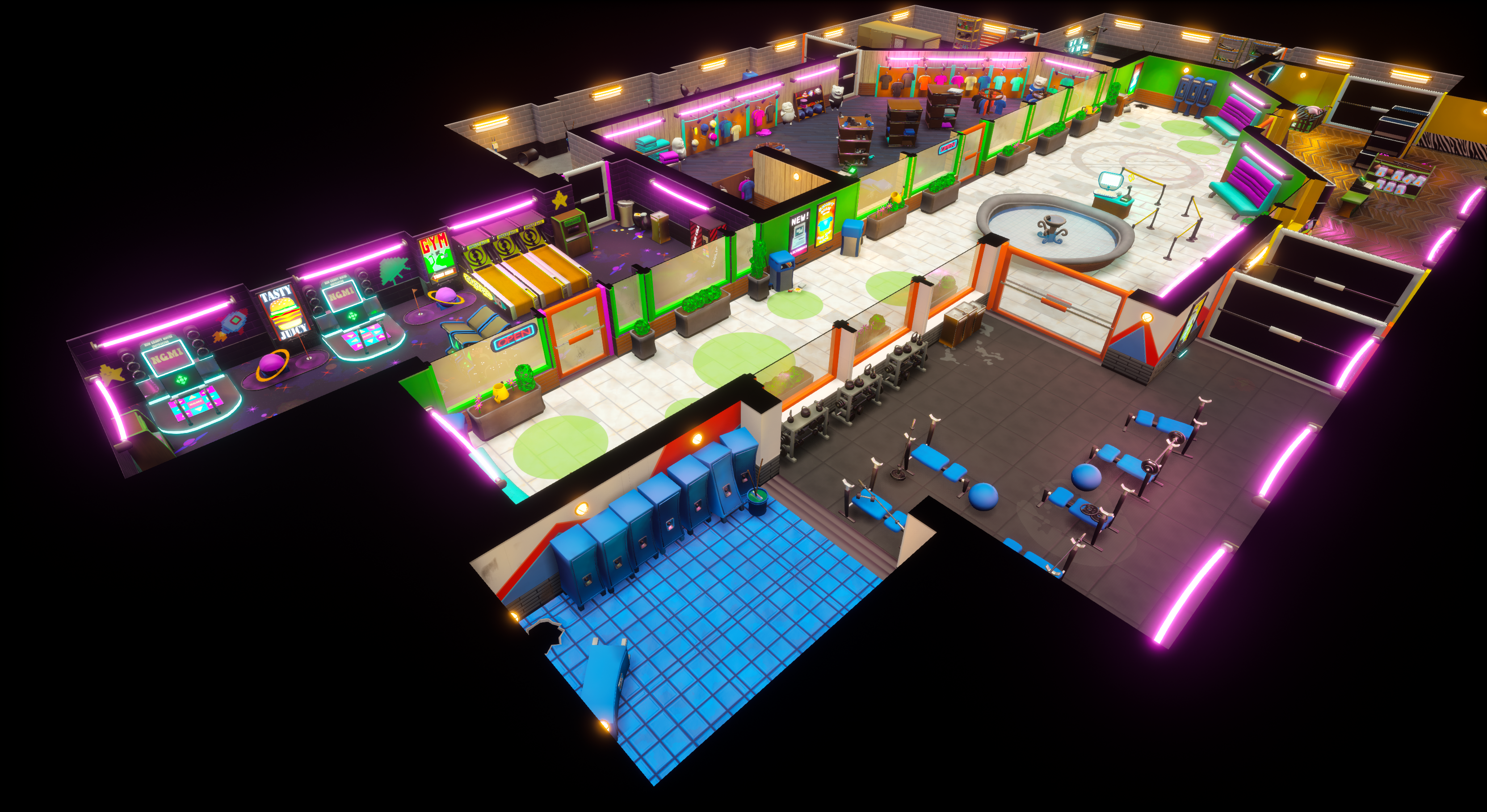 An Unreal Engine screenshot of Minimall displaying the gym, arcade, central lobby, and locker room