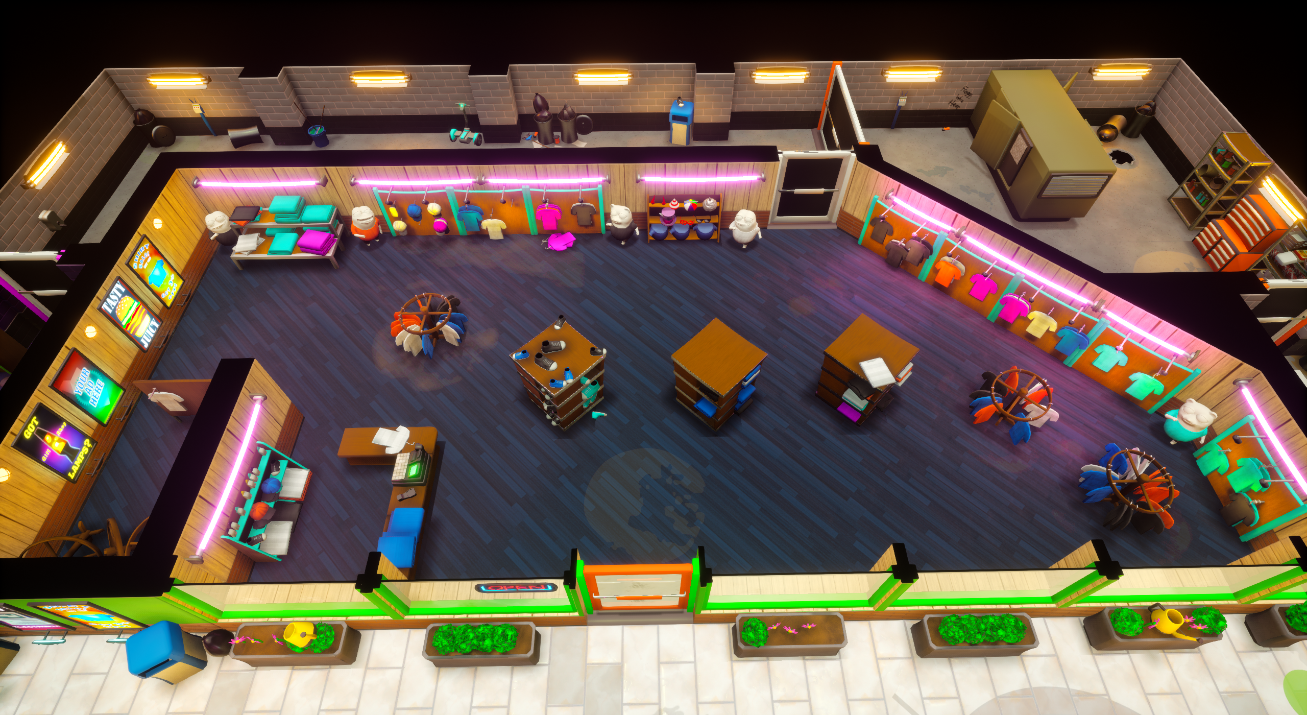 An Unreal Engine screenshot of Minimall displaying the clothing store with clothing racks, hangers, and mannequins