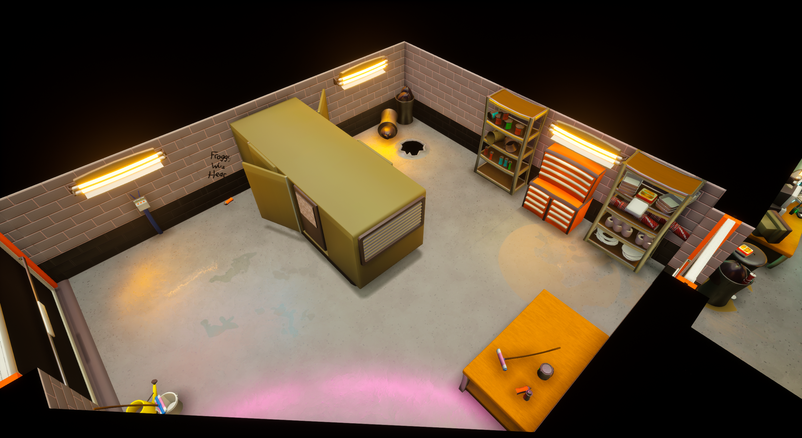 An Unreal Engine screenshot of Minimall displaying the maintenance room with generator, toolboxes, and shelves