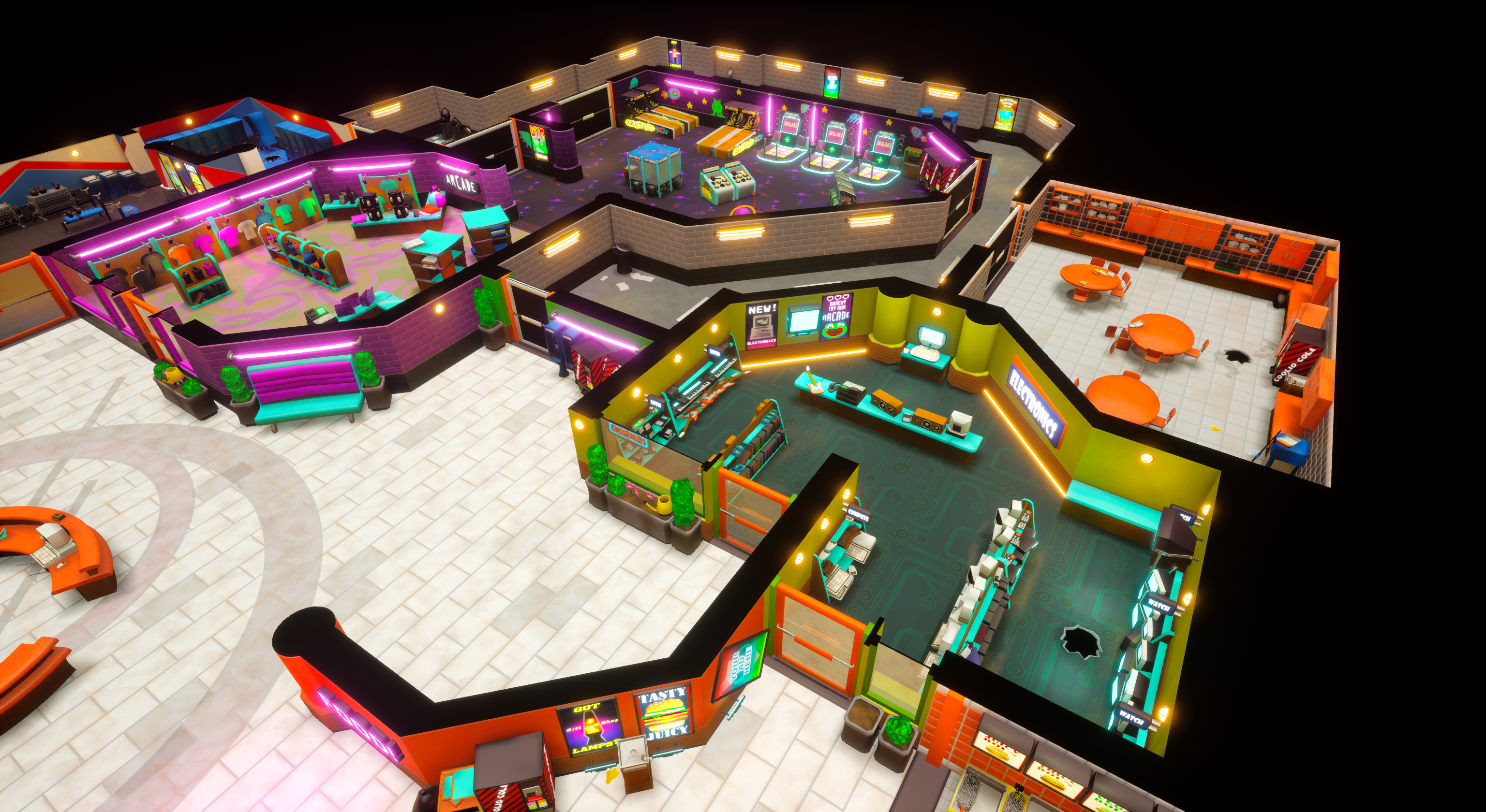 An Unreal Engine screenshot of Supermall displaying the electronics store, arcade, employee lounge, and gym