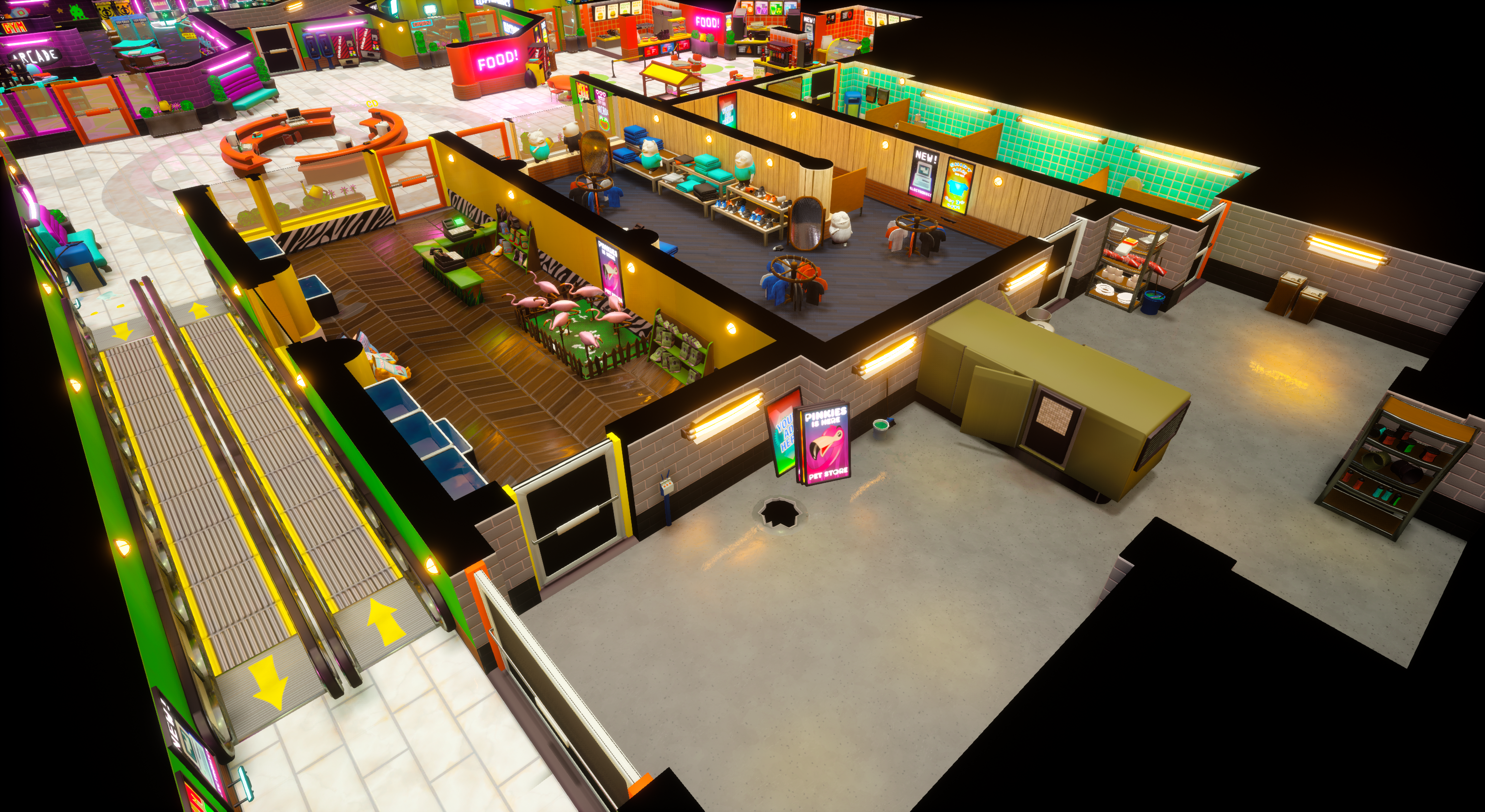 An Unreal Engine screenshot of Supermall displaying the pet shop, clothing store, restrooms, and maintanence
