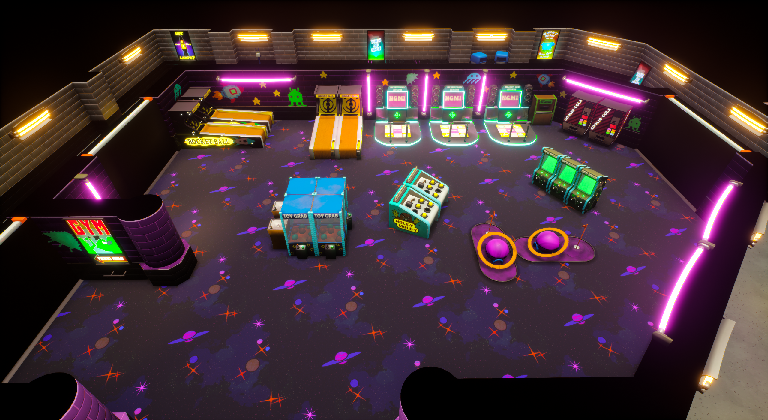 An Unreal Engine screenshot of Supermall displaying the arcade with DDR, Skeeball, mini golf, and claw machines