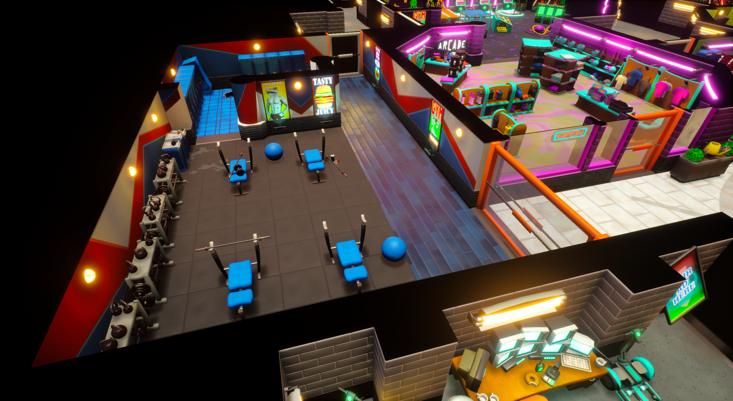 An Unreal Engine screenshot of Supermall displaying the gym with weight benches, mats, and a locker room