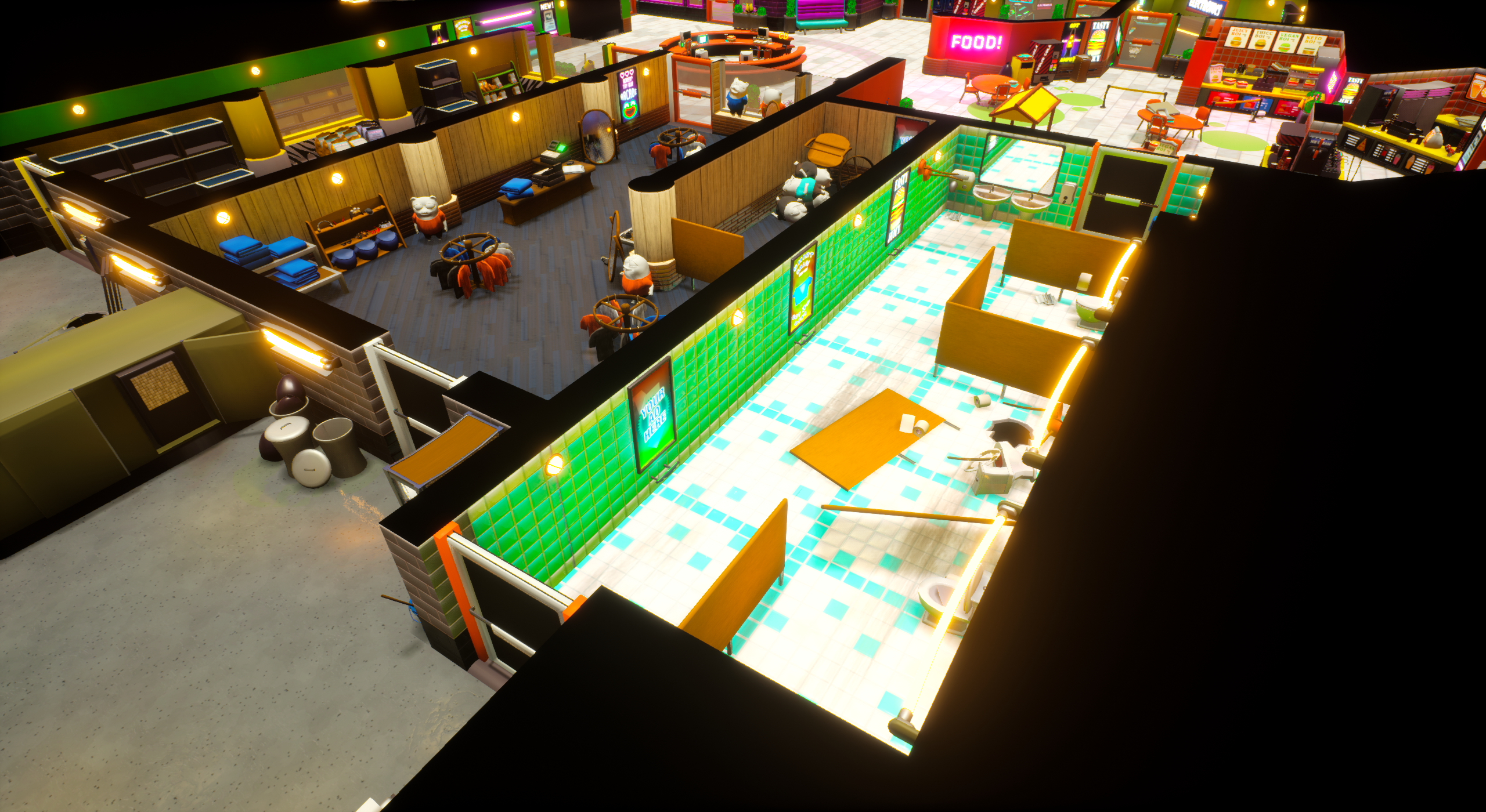 An Unreal Engine screenshot of Supermall displaying the restroom with posters, toilets, and blue tiles