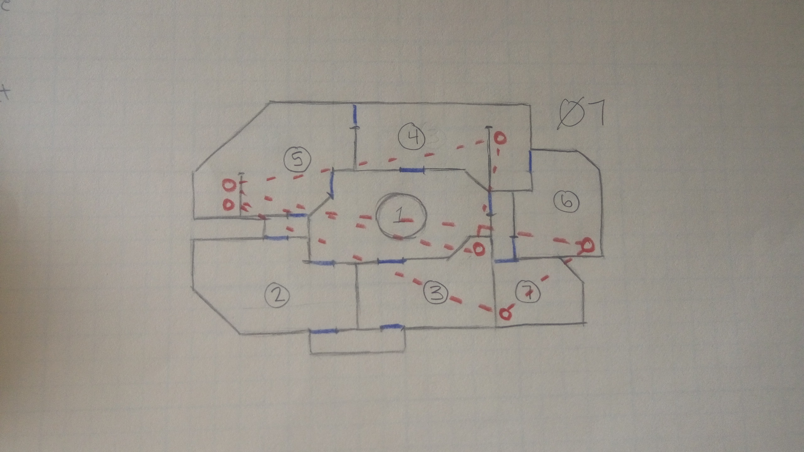 A hand drawn topdown level sketch on graph paper displaying a possible mall layout