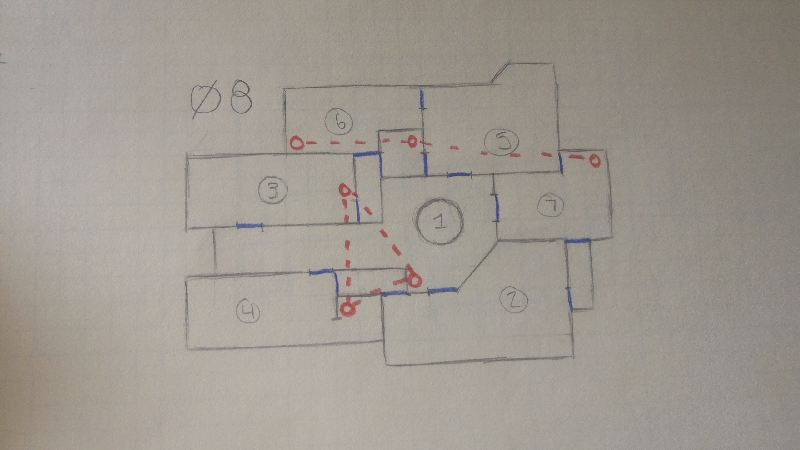 A hand drawn topdown level sketch on graph paper displaying a possible mall layout