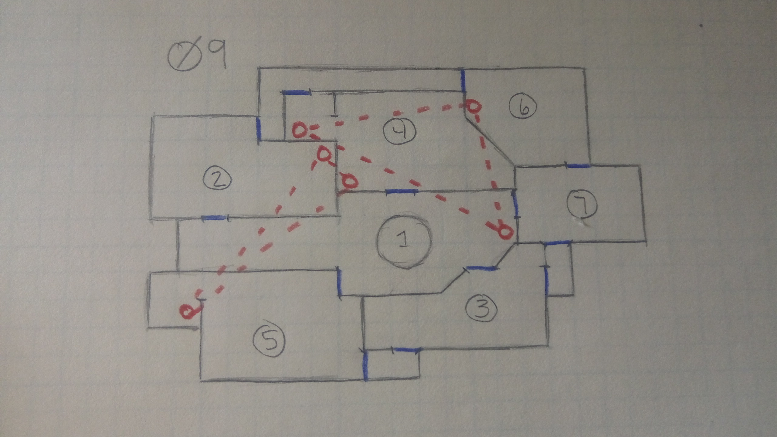 A hand drawn topdown level sketch on graph paper displaying a possible mall layout
