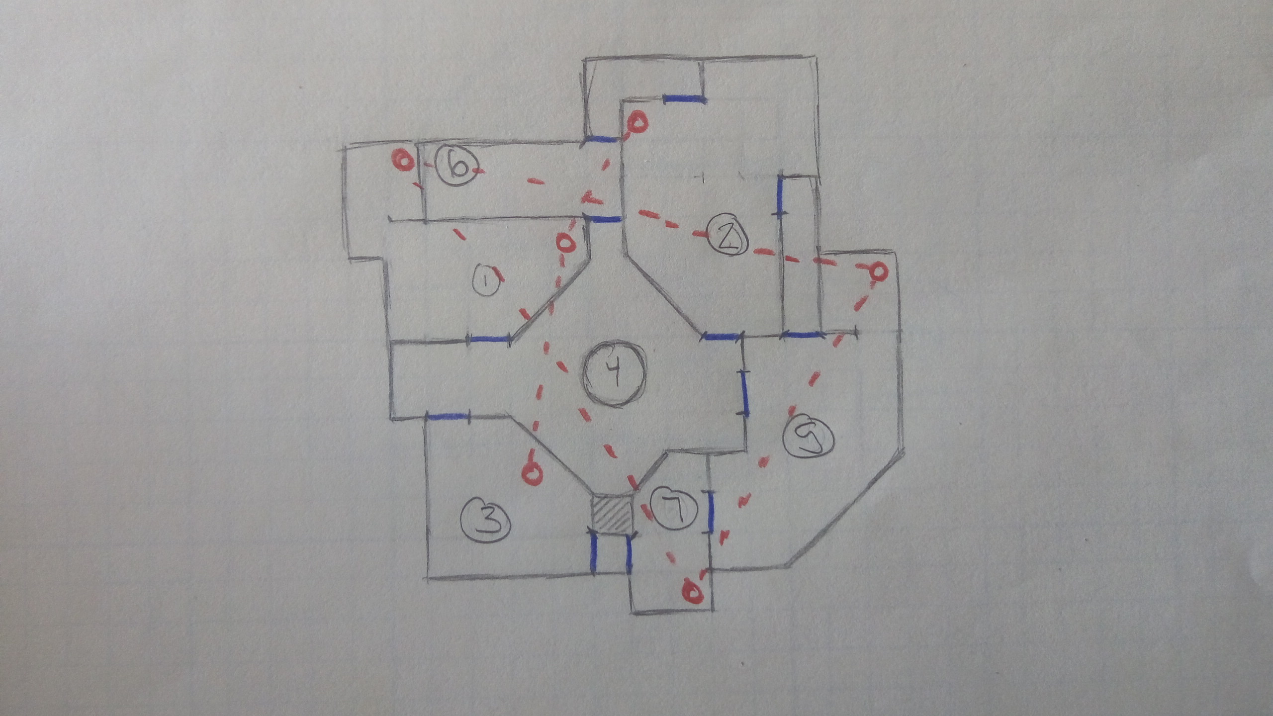 A hand drawn topdown level sketch on graph paper displaying a possible mall layout
