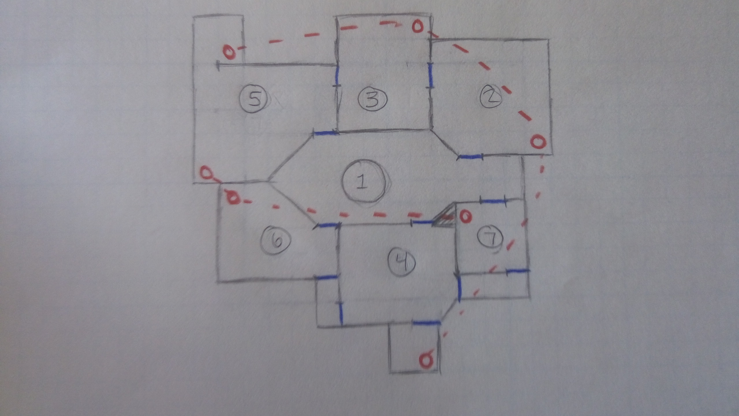 A hand drawn topdown level sketch on graph paper displaying a possible mall layout