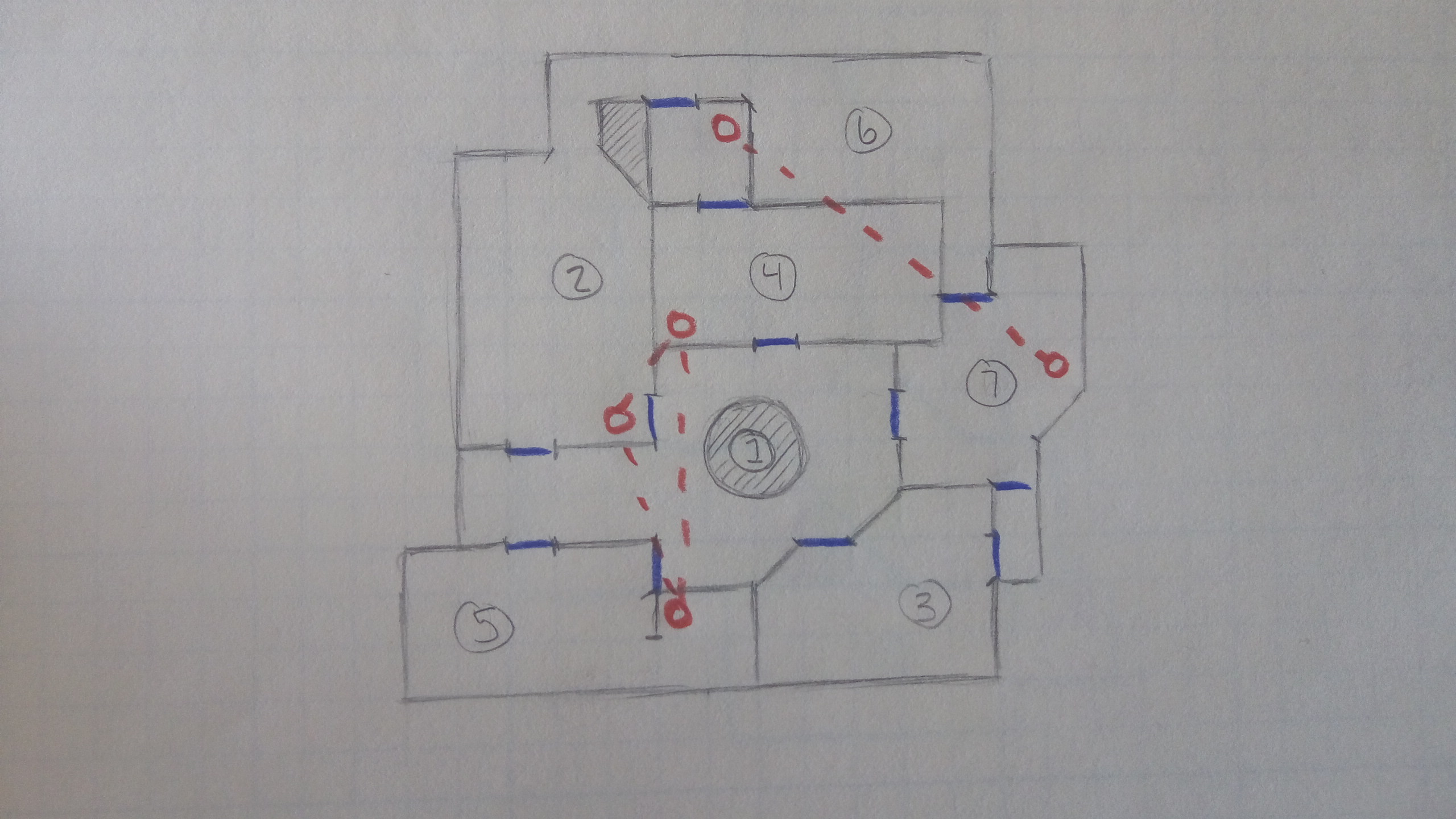 A hand drawn topdown level sketch on graph paper displaying a possible mall layout