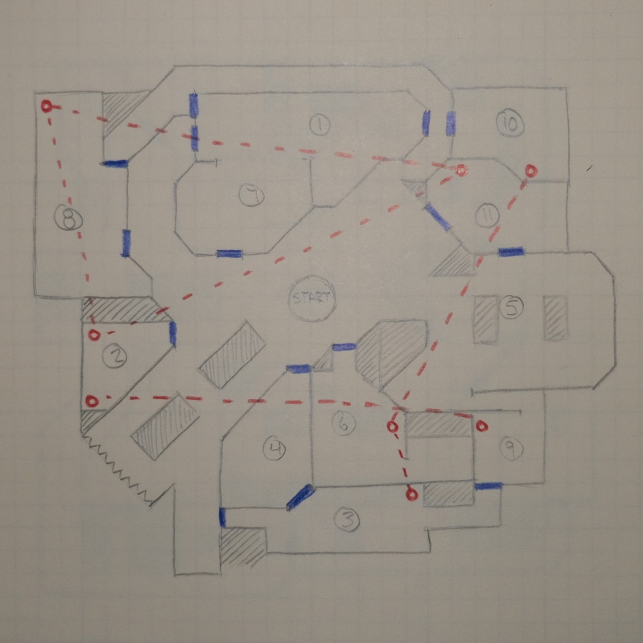 A hand drawn topdown level sketch on graph paper displaying a possible mall layout