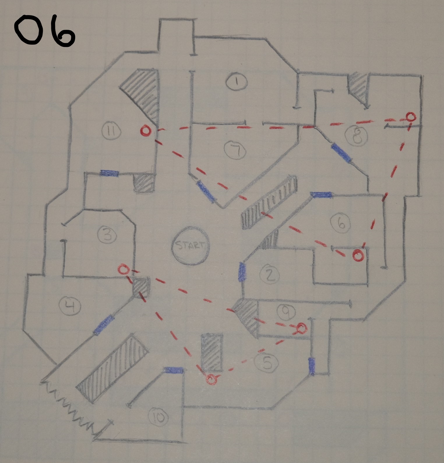 A hand drawn topdown level sketch on graph paper displaying a possible mall layout