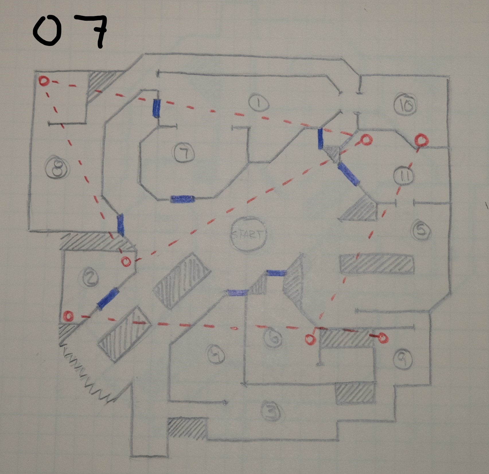 A hand drawn topdown level sketch on graph paper displaying a possible mall layout