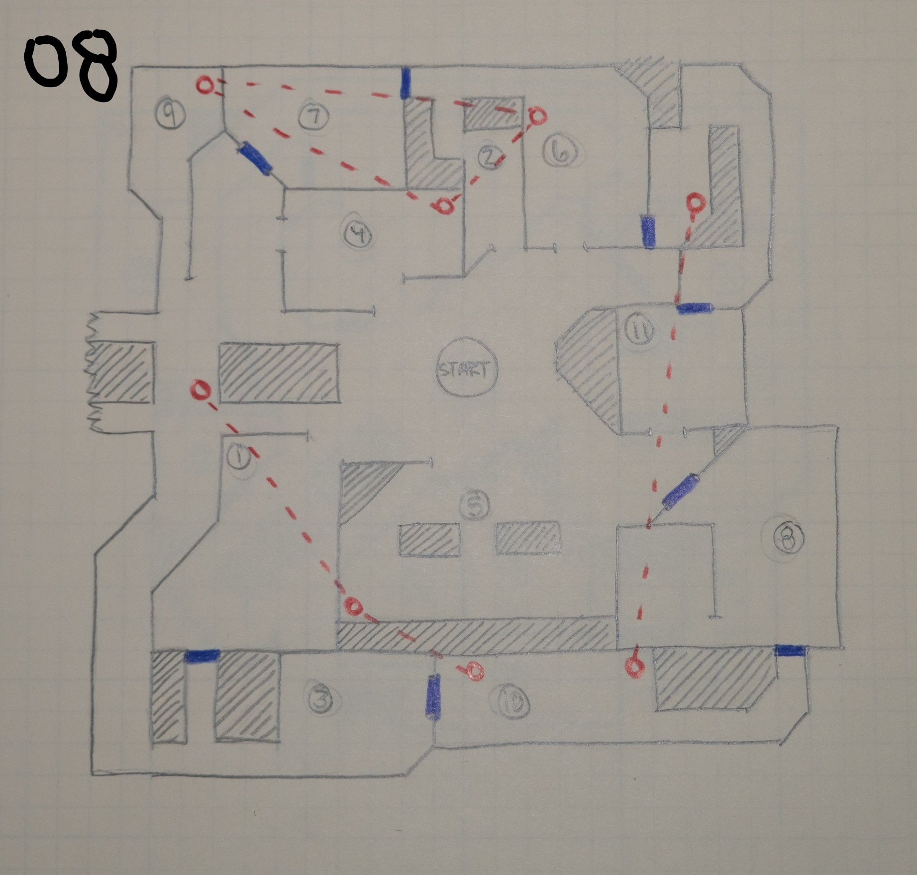 A hand drawn topdown level sketch on graph paper displaying a possible mall layout