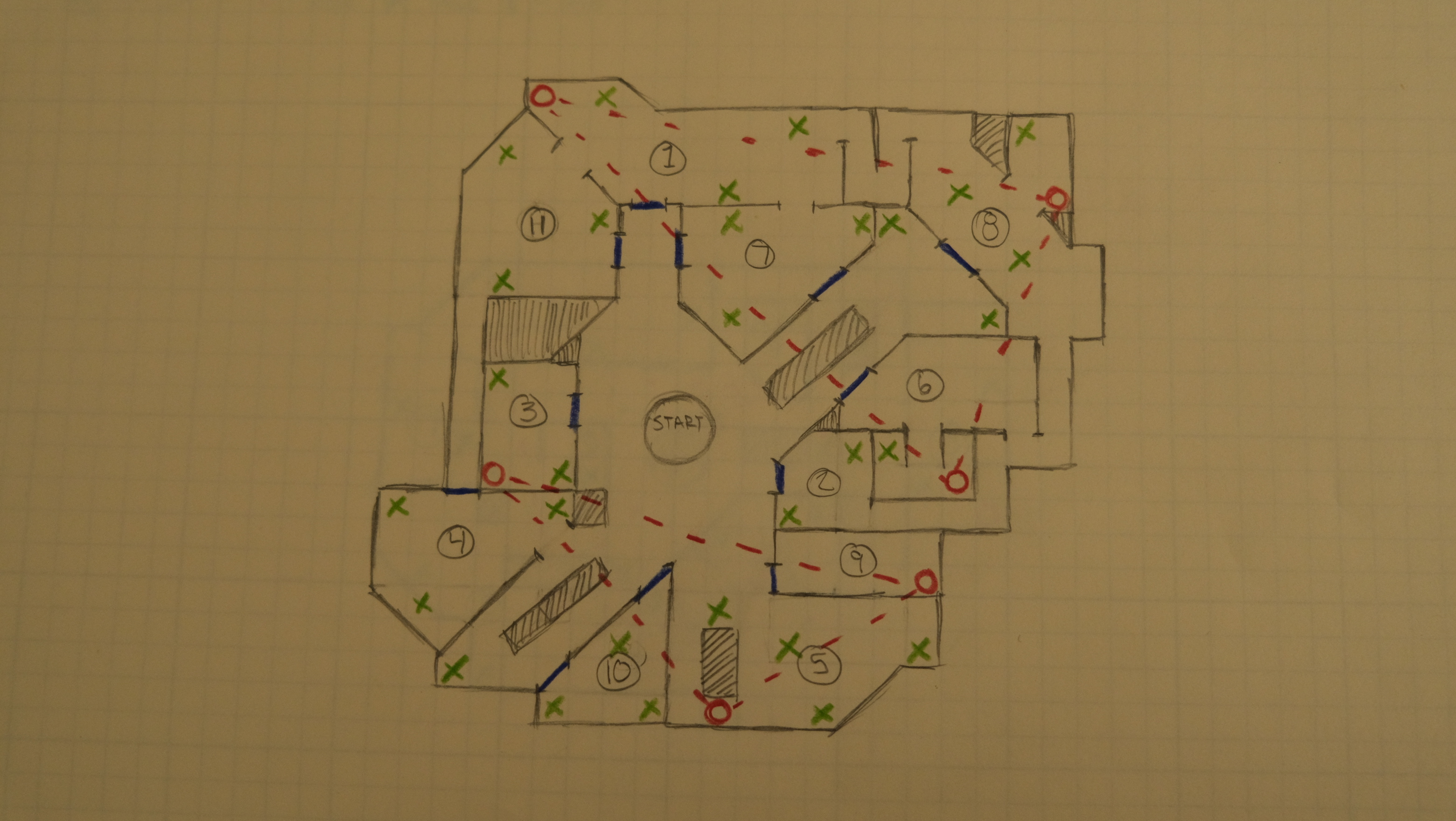 A hand drawn topdown level sketch on graph paper displaying a possible mall layout