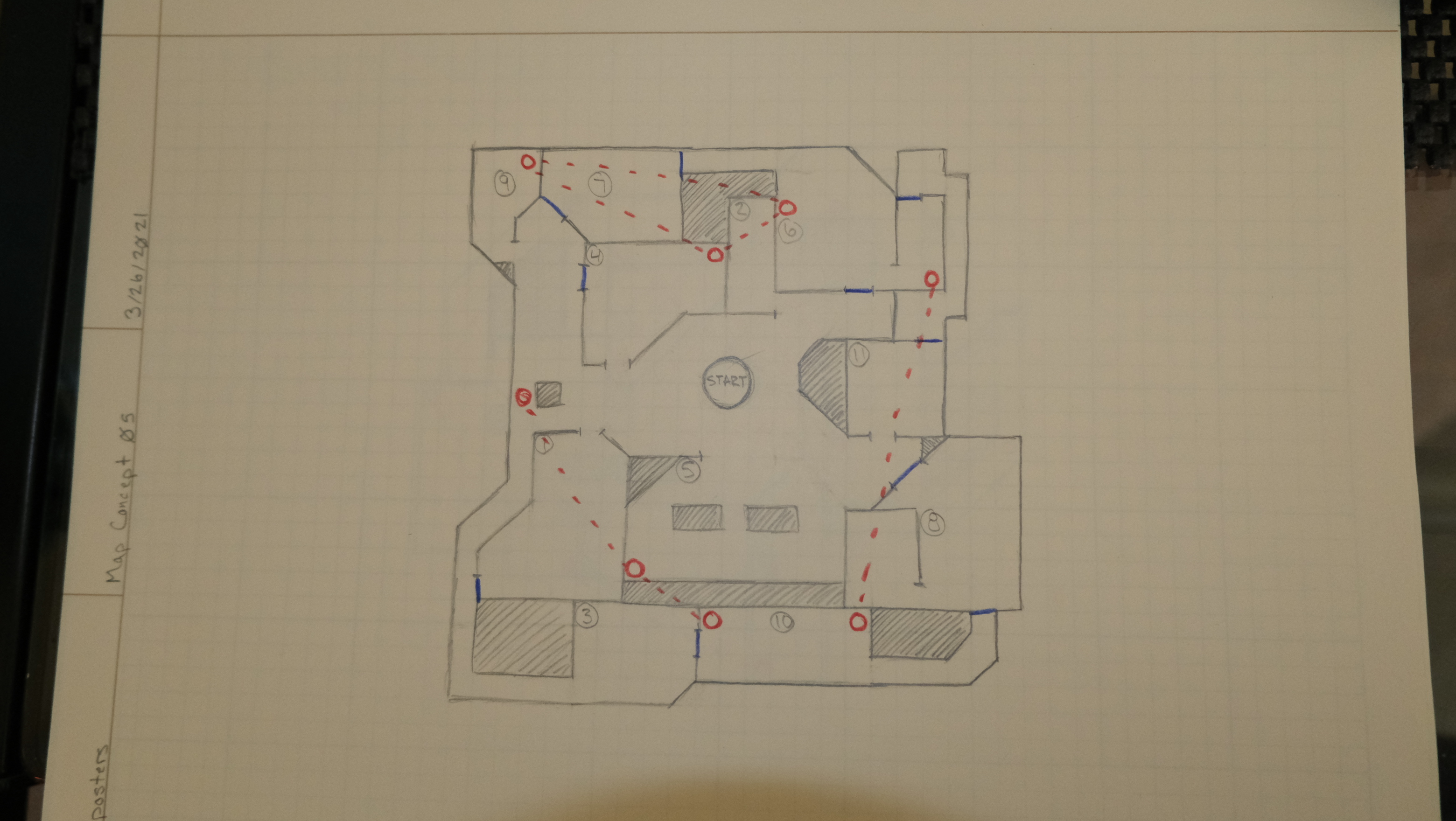 A hand drawn topdown level sketch on graph paper displaying a possible mall layout