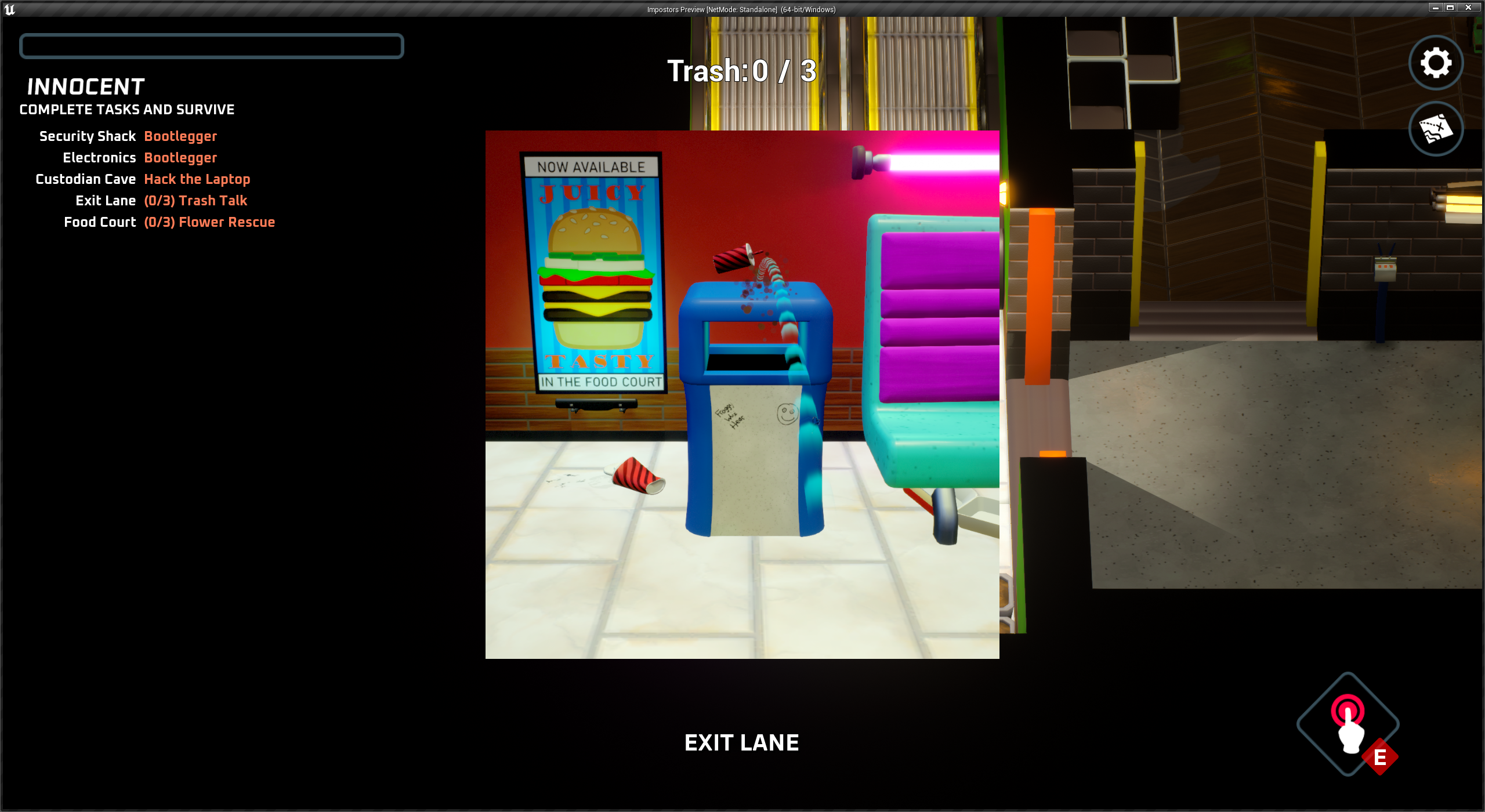 An Unreal Engine screenshot of a minigame with a food poster and garbage bin