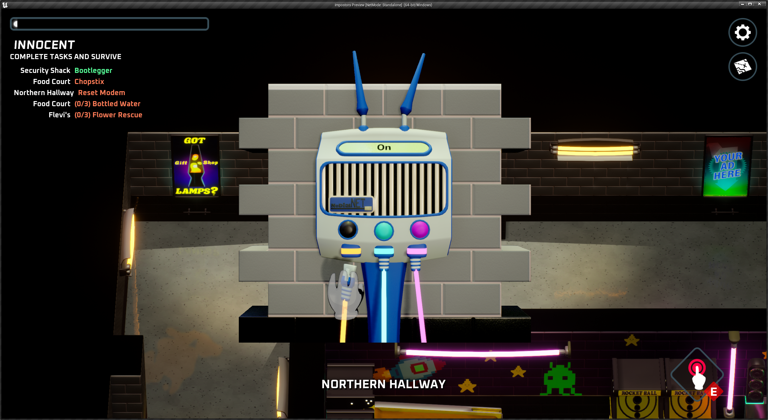 An Unreal Engine screenshot of a minigame with color coded wires and a wall-mounted router box