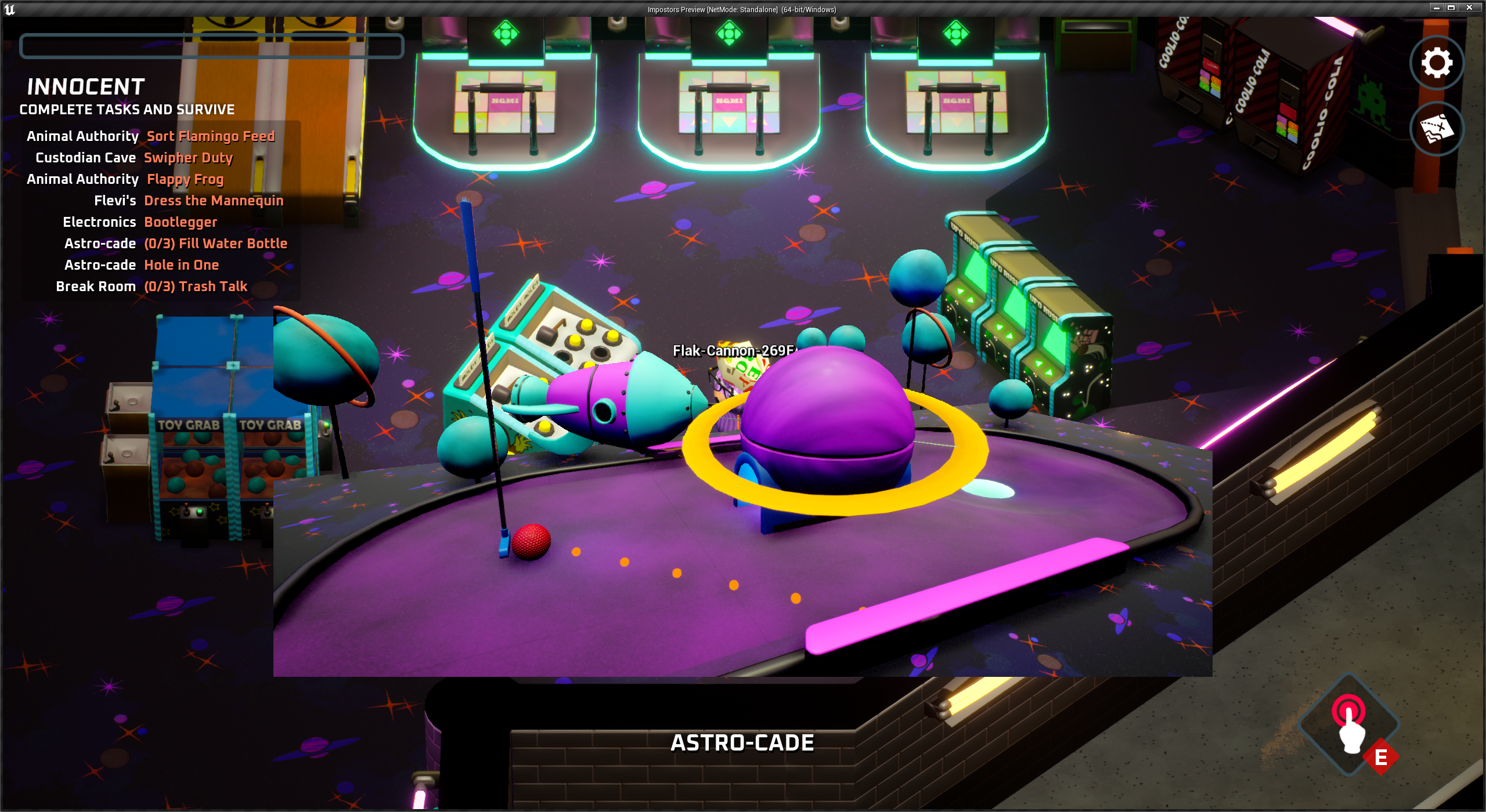 An Unreal Engine screenshot of a minigame with a space themed mini golf course and a purple planet