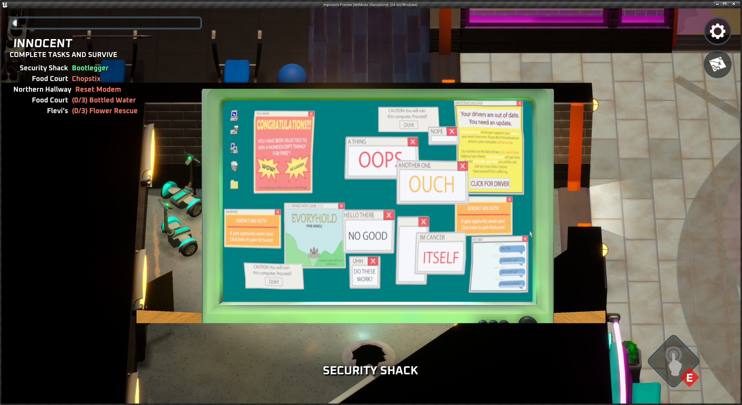 An Unreal Engine screenshot of a minigame displaying a computer screen covered in spam pop-ups