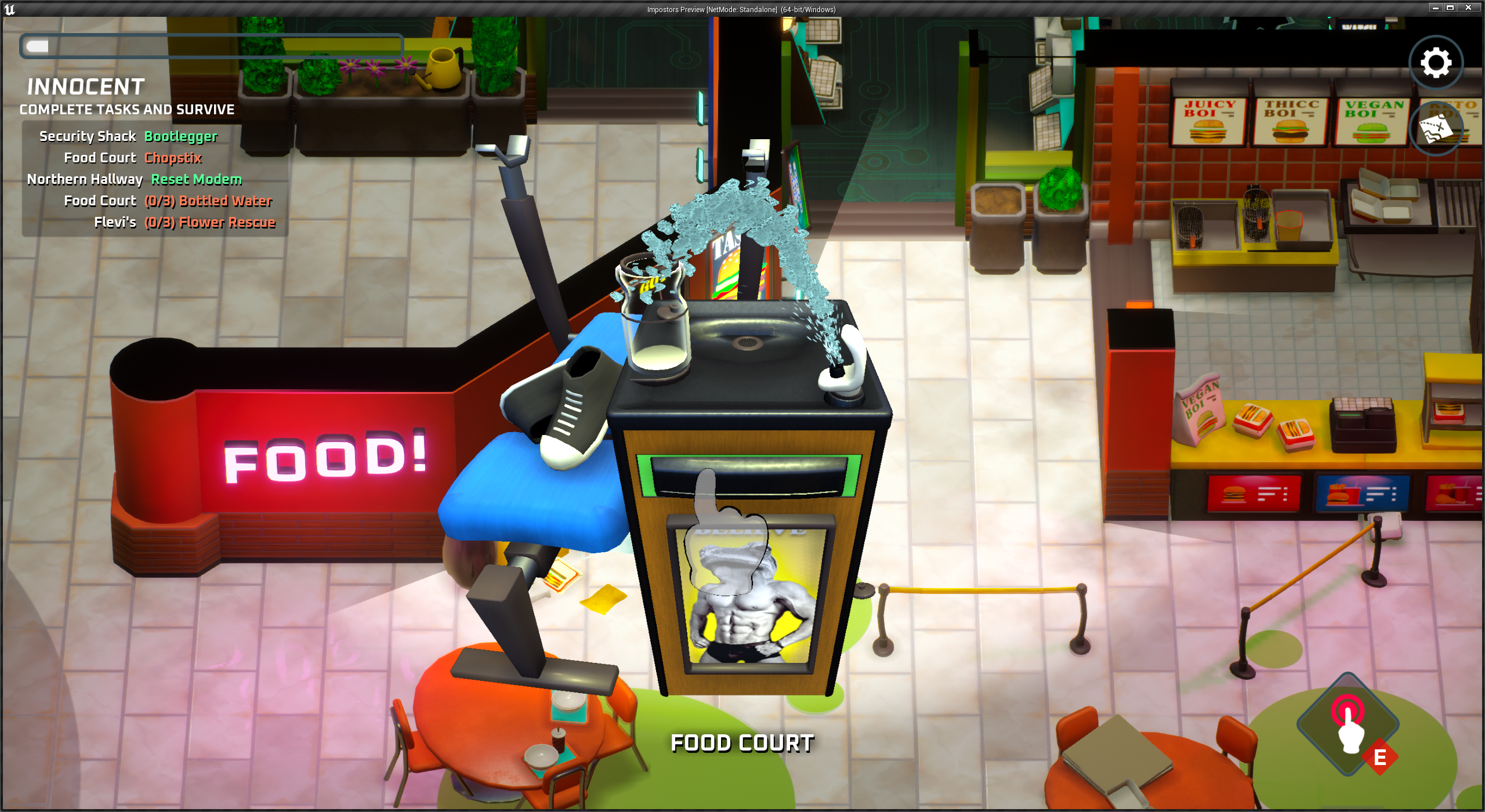 An Unreal Engine screenshot of a minigame with a water fountain and clear water bottle