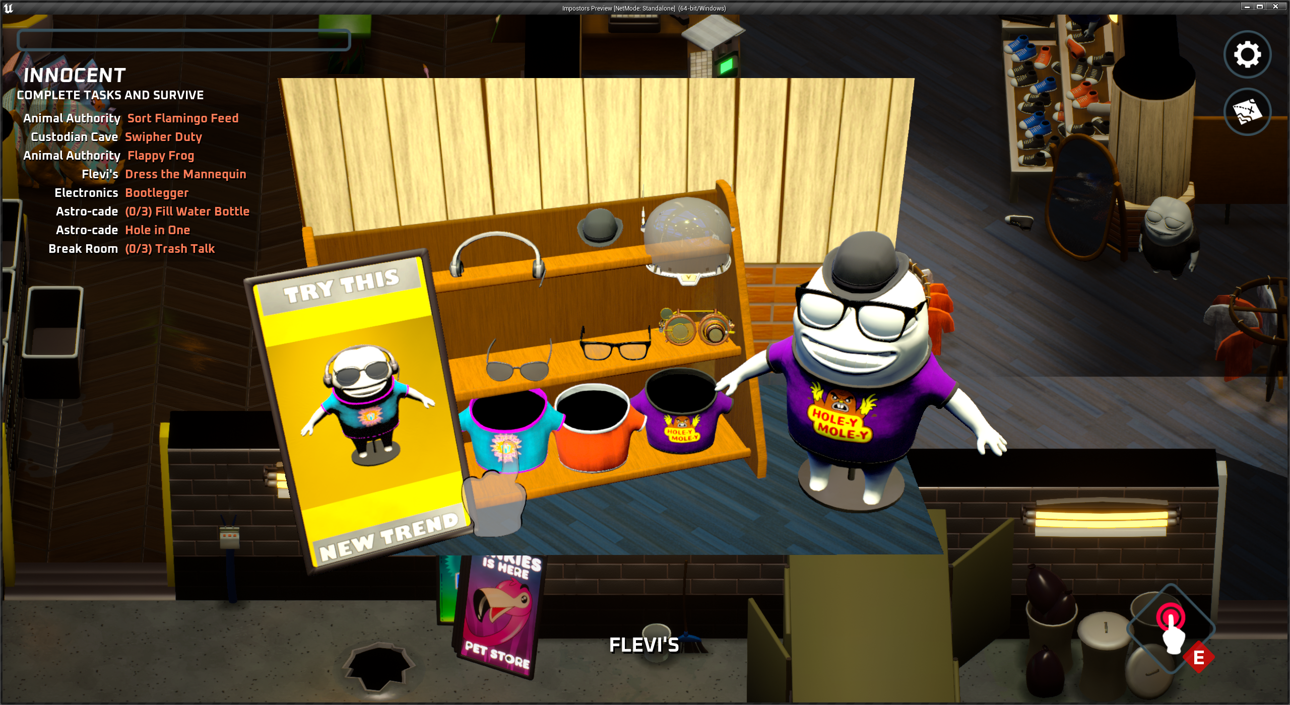 An Unreal Engine screenshot of a minigame with a mannequin wearing silly clothes and and advertisement for silly clothes