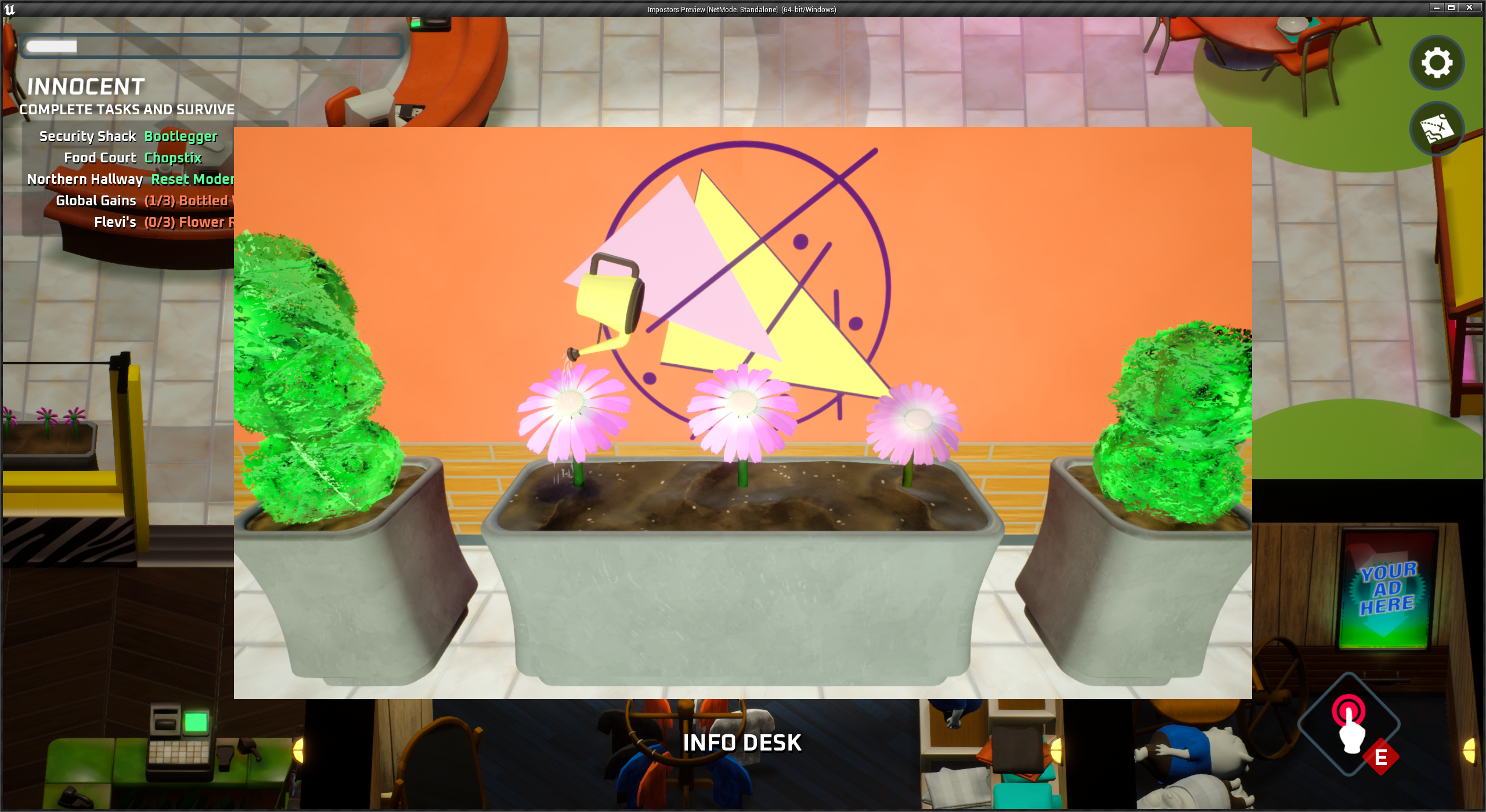 An Unreal Engine screenshot of a minigame with a flower bed and colorful logo and flowers