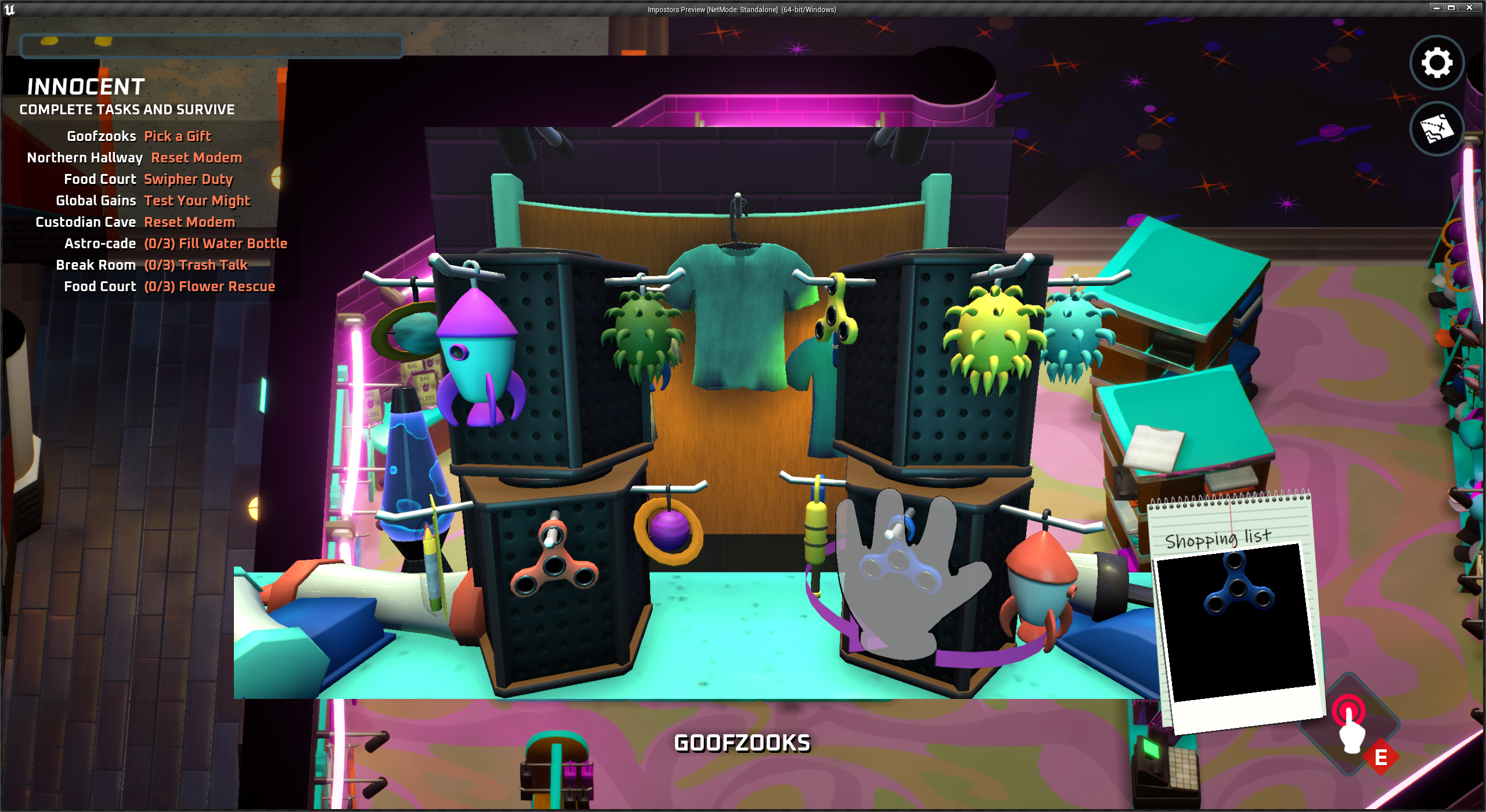 An Unreal Engine screenshot of a minigame with a spinning display covered in a variety of space-themed toys