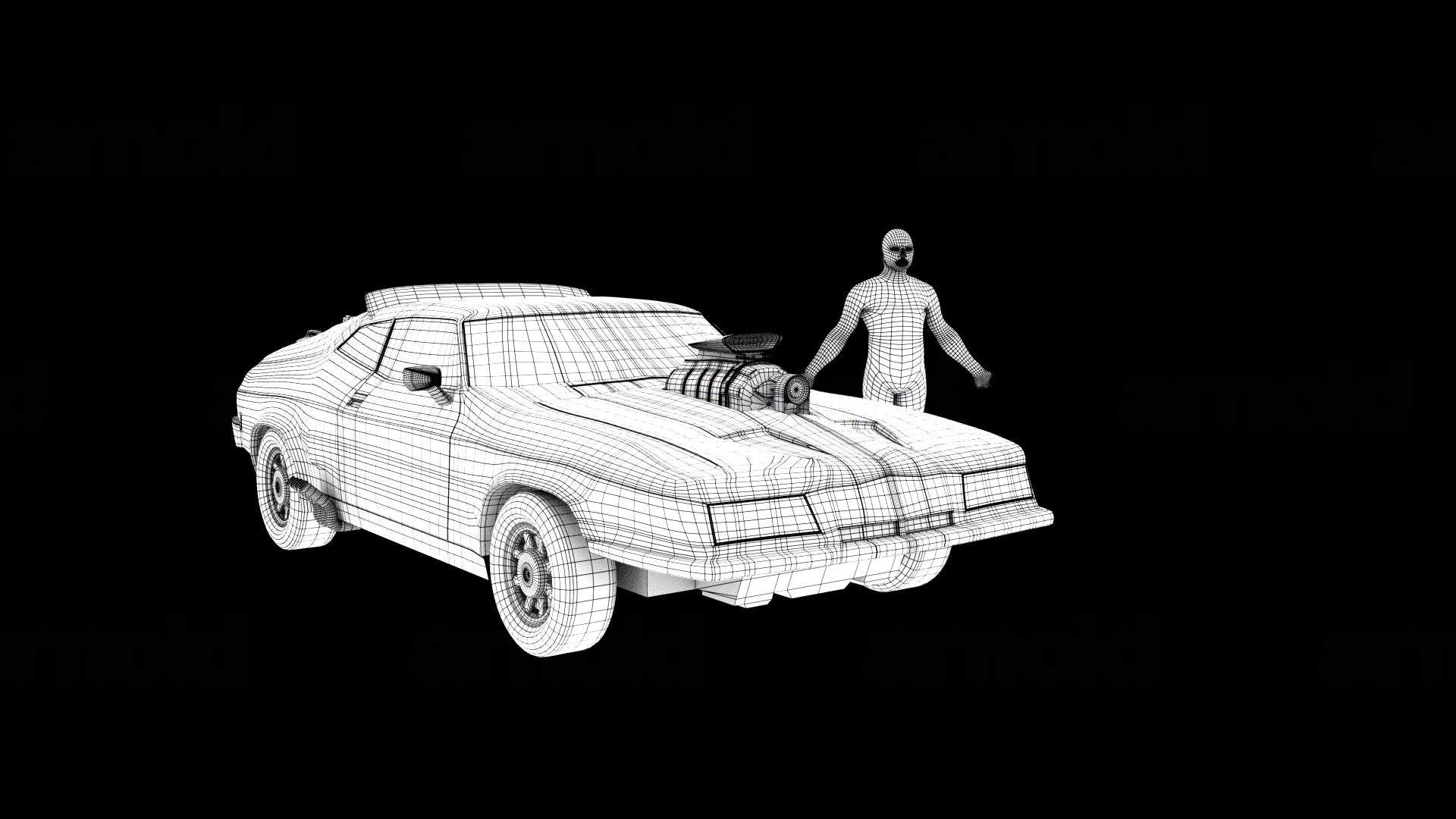 The final Mad Max Interceptor Topology rendered with ambient occlussion in Autodesk Maya