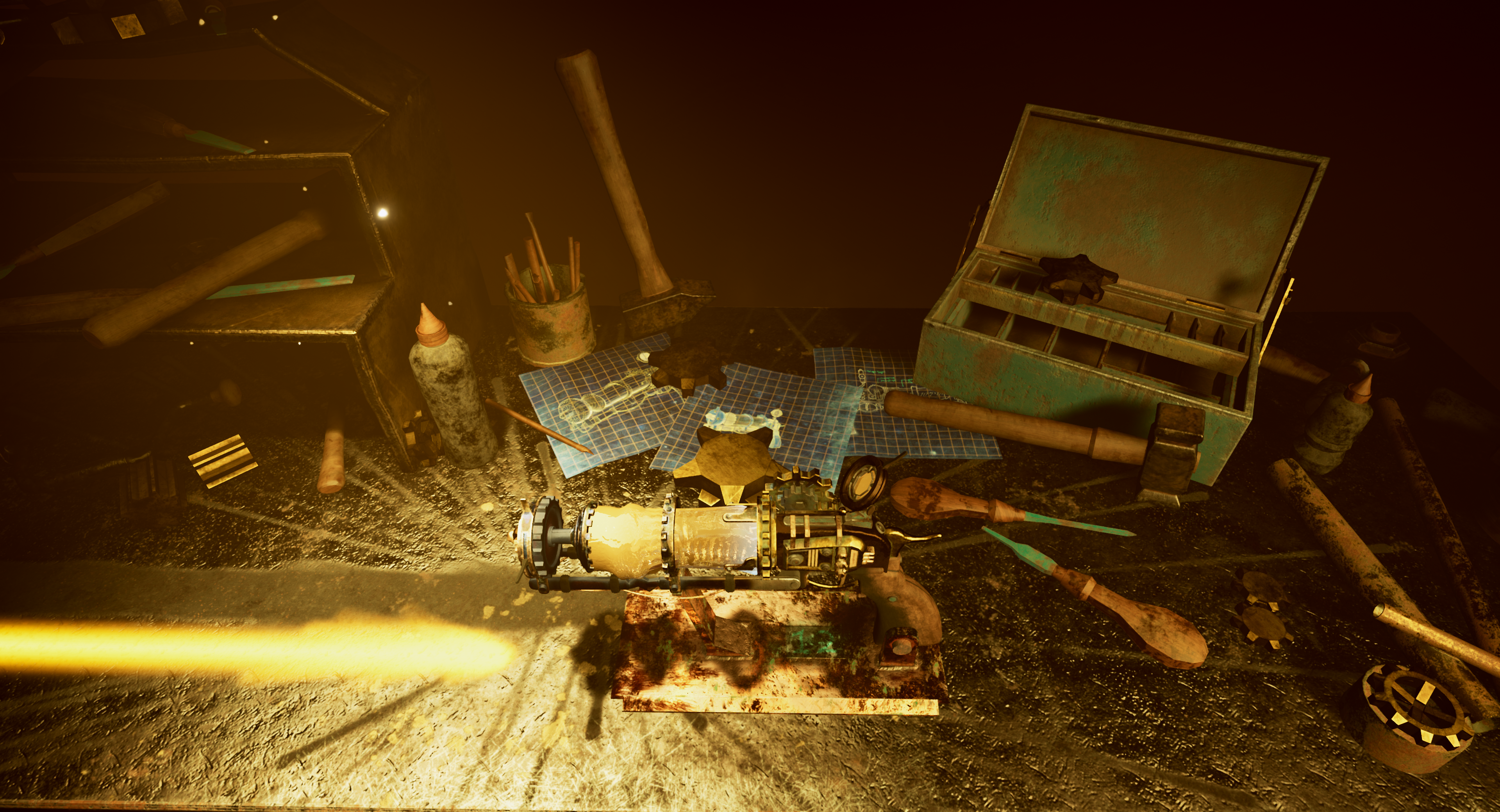 The lightning pistol showing the original materials from the side and displaying the workbench and various tools