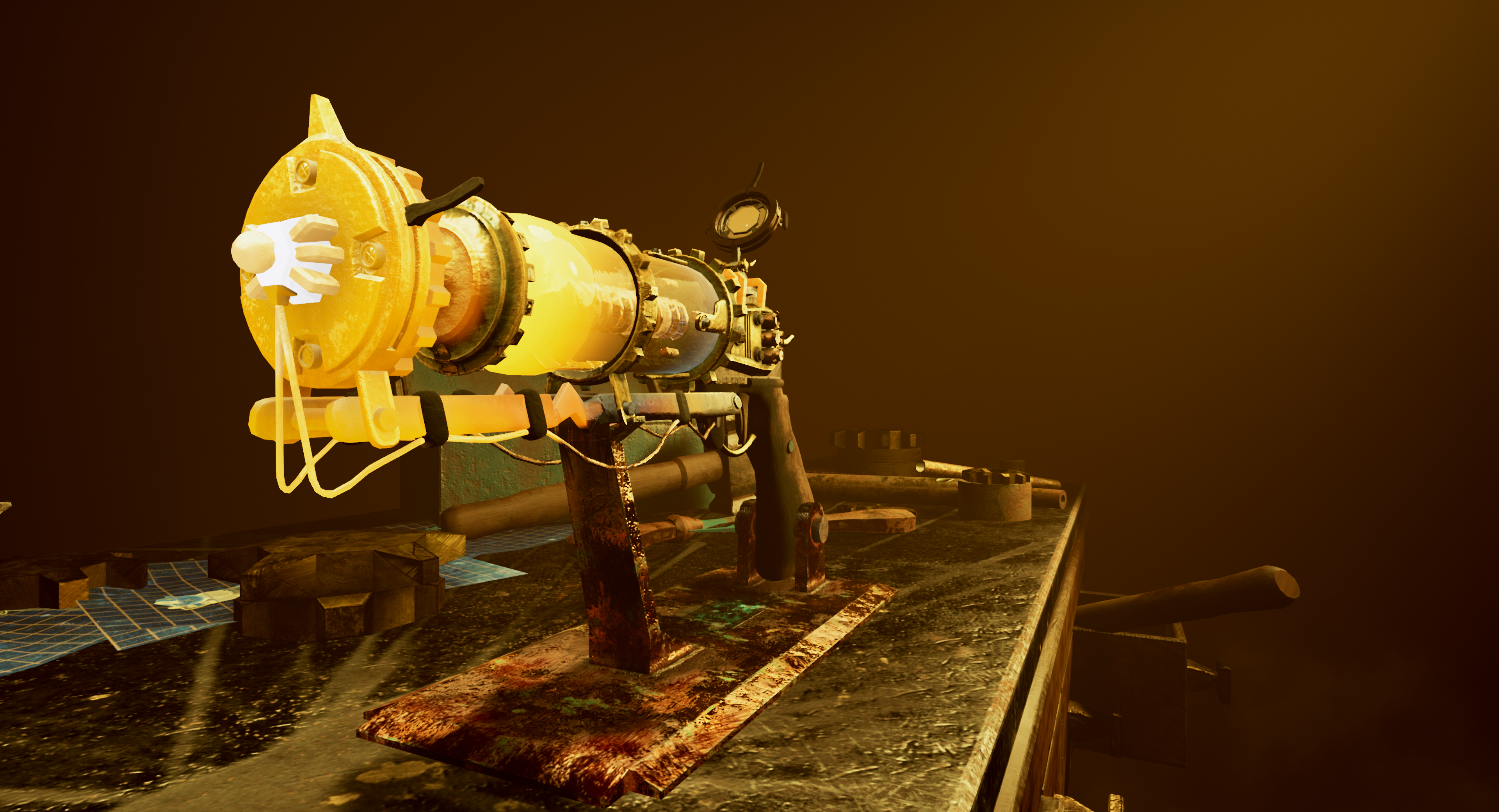 The lightning pistol showing the red hot materials shortly after firing from the front