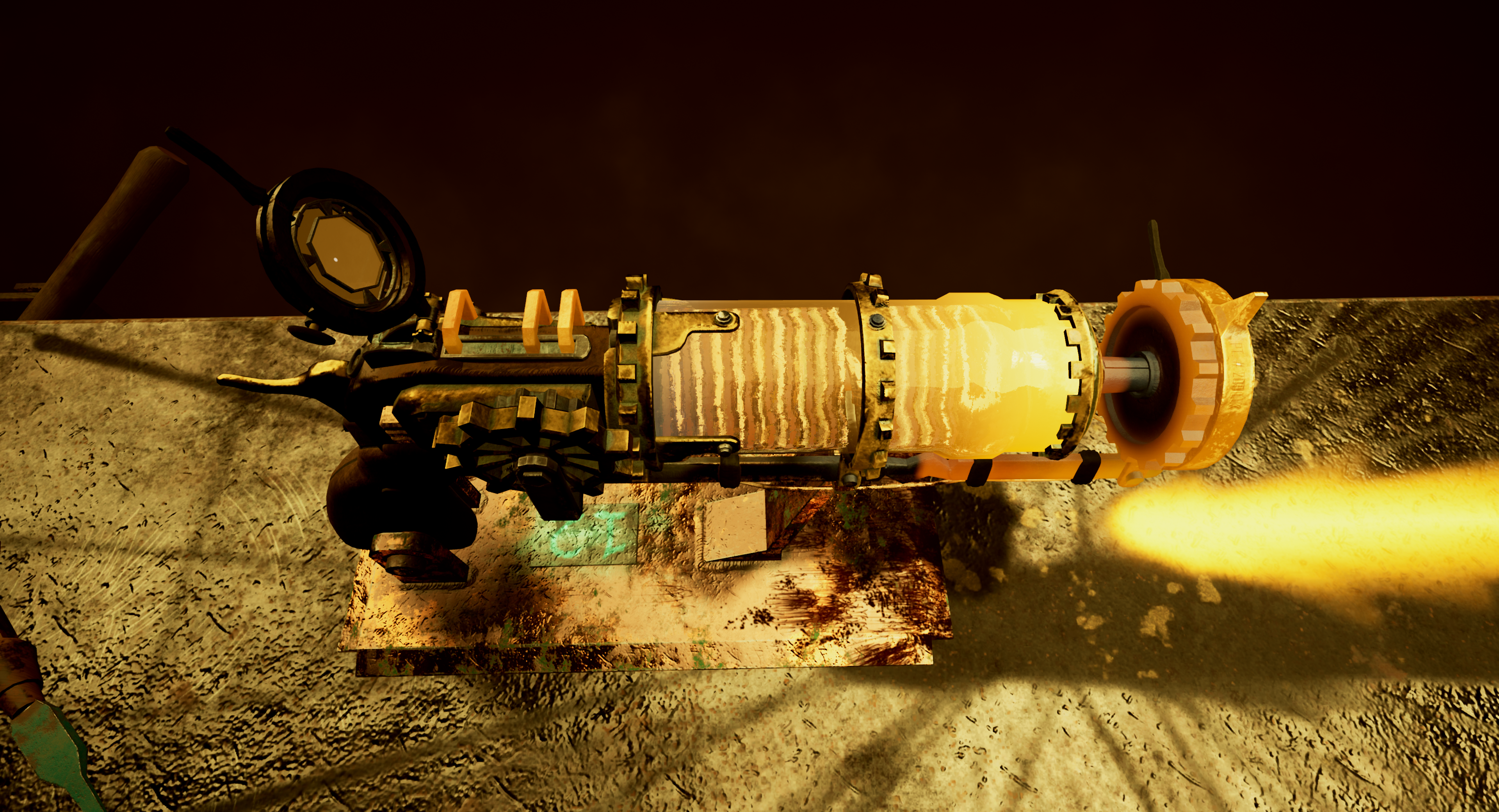 The lightning pistol showing the red hot materials shortly after firing from above