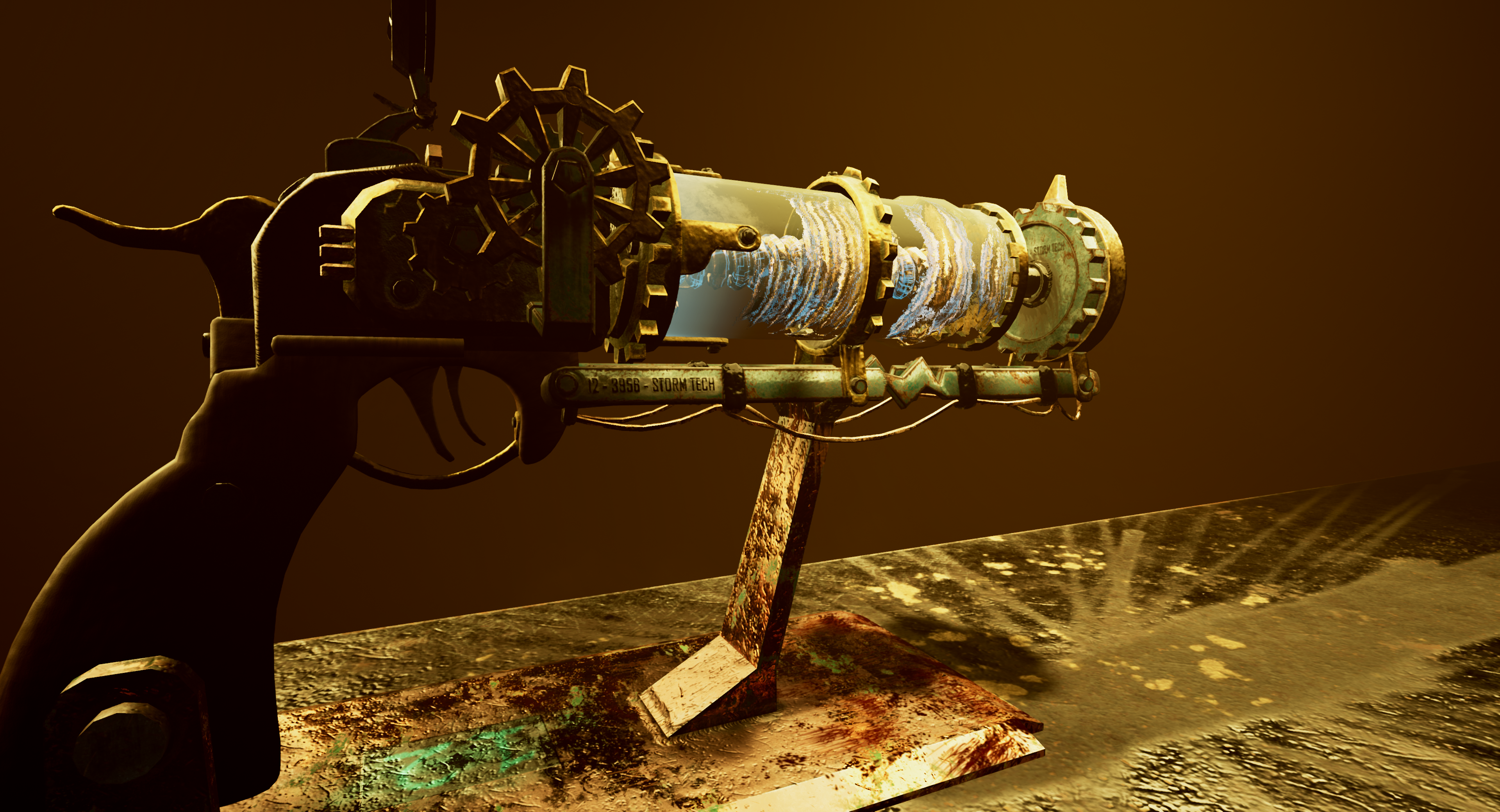 The lightning pistol showing the cooled and scorched materials after firing and cooling from the rear side