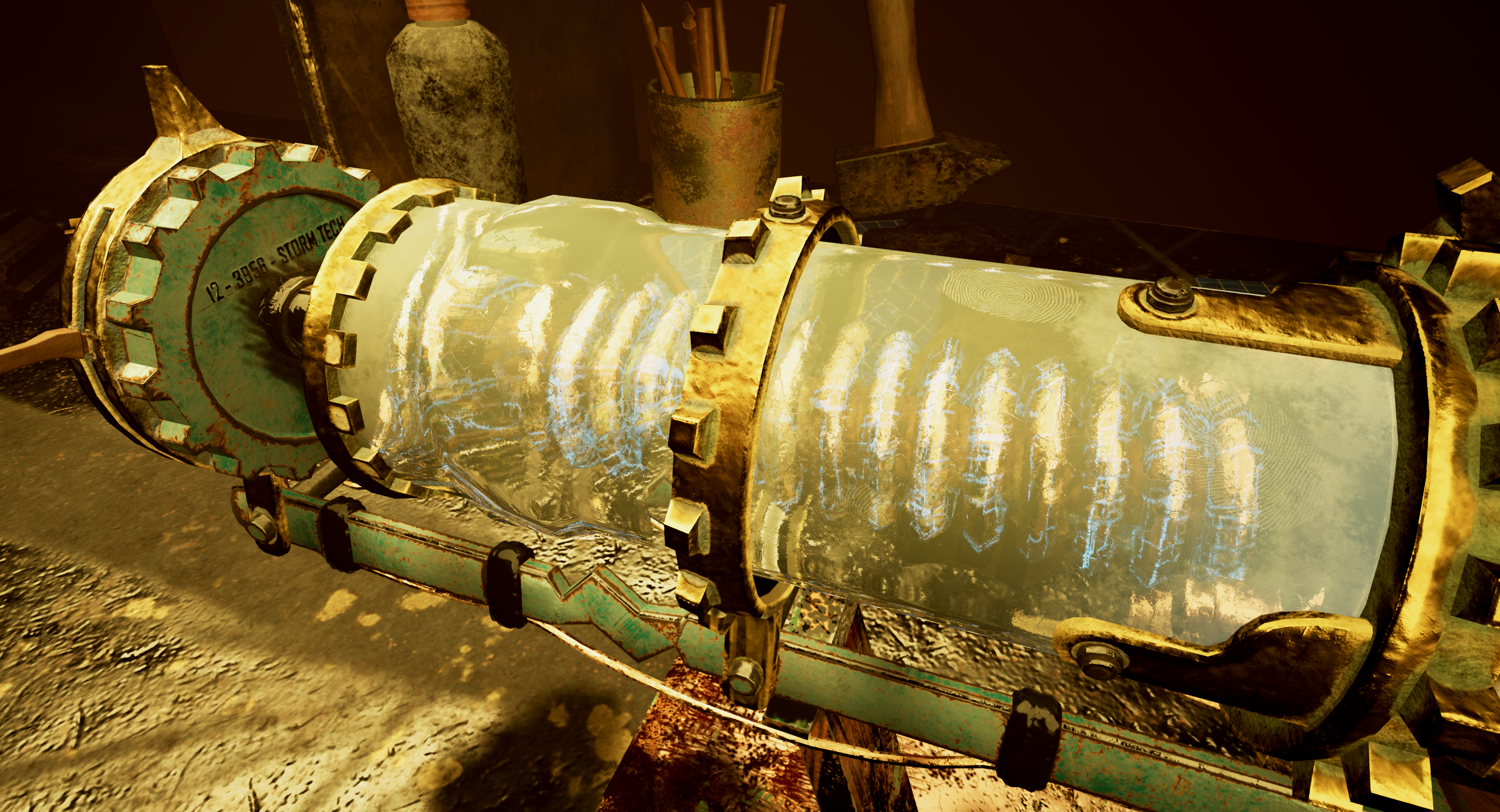 The lightning pistol showing the cooled and scorched materials after firing and cooling from the top and closeup