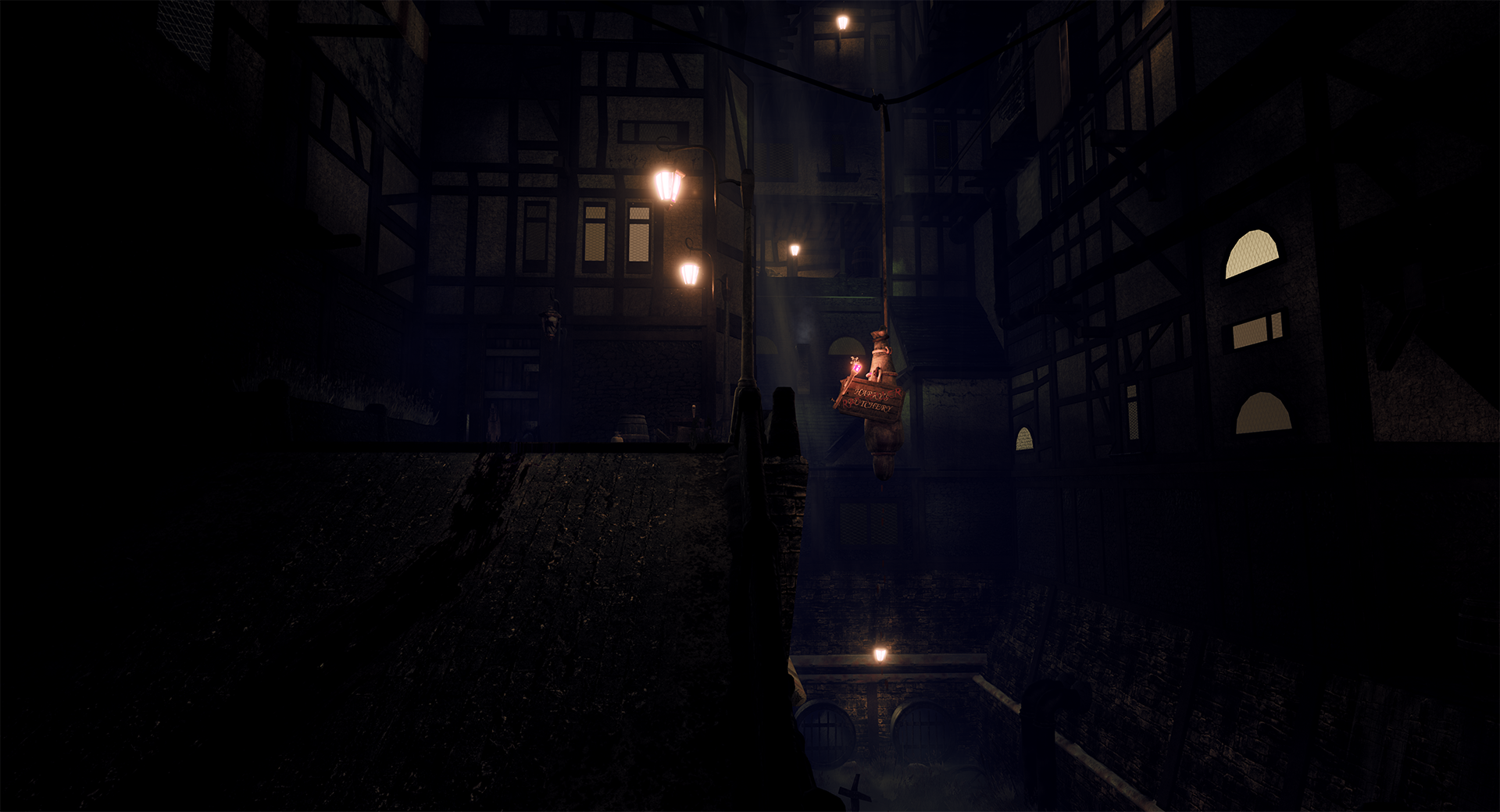 An Unreal Engine Render of the environment showing the murdered victim hanging above the canal wrapped in cloth and a sign displaying their crime of selling rats