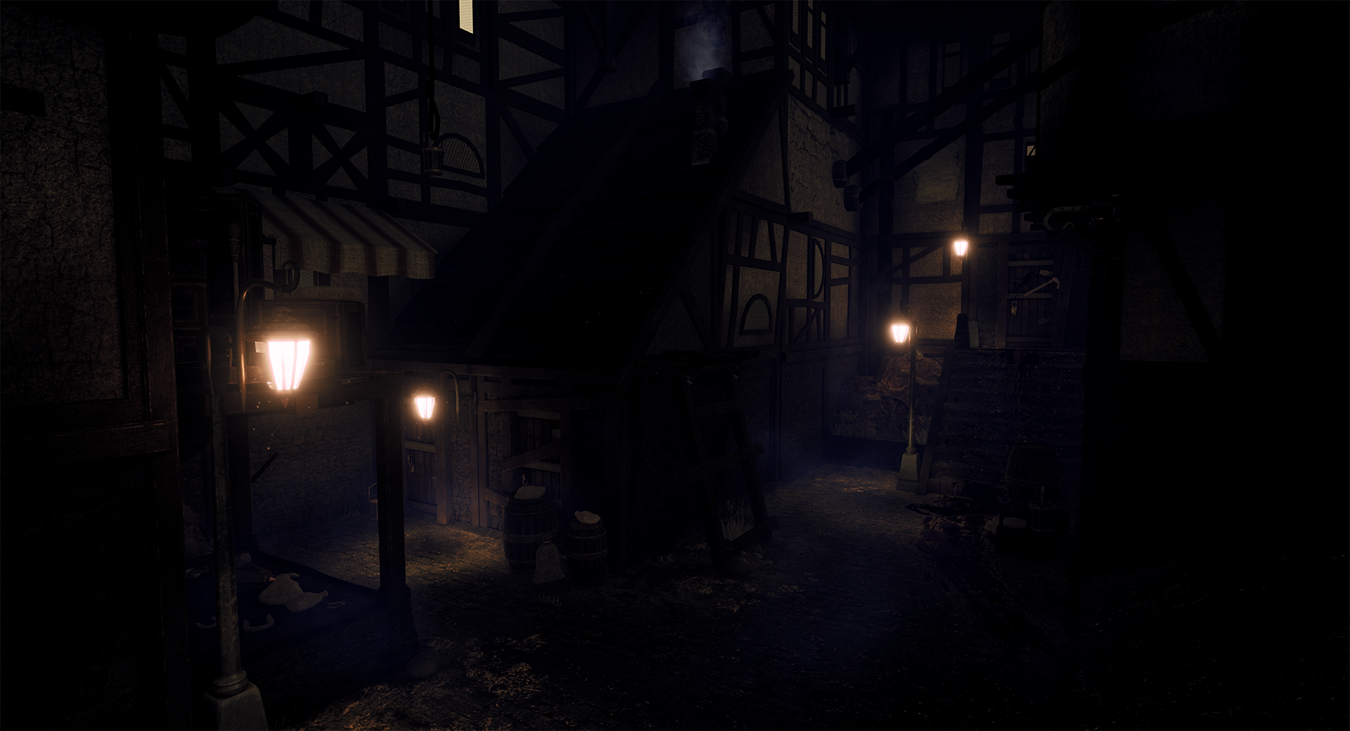 An Unreal Engine Render of the environment showing the back alleys of the environment filled with fog and dim light