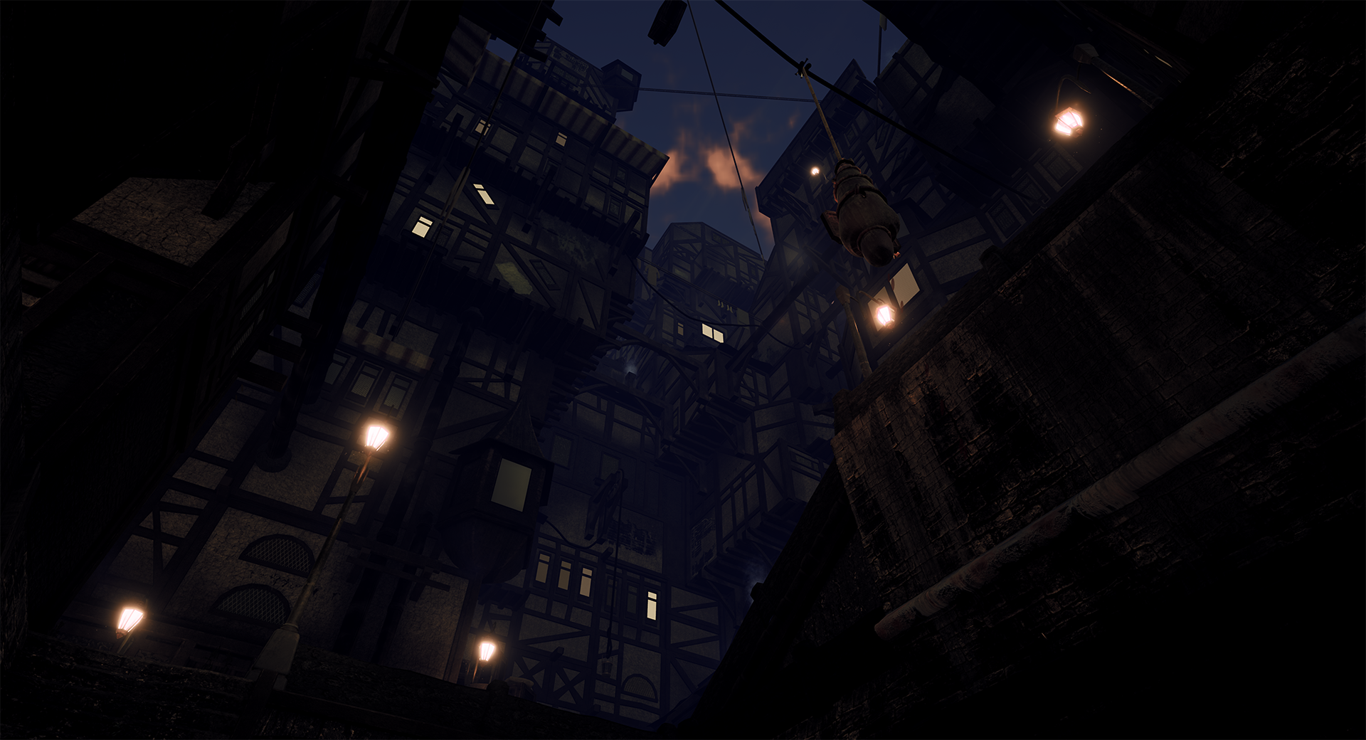 An Unreal Engine Render of the environment showing the early dawn sky and many stories of tudor style buildings rising over the hanging corpse