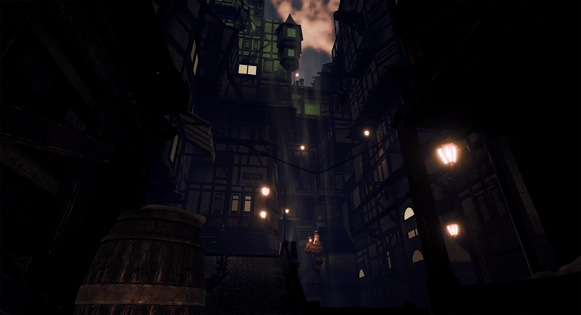 An Unreal Engine Render of the environment showing the corpse within the context of the immense medieval tudor structures
