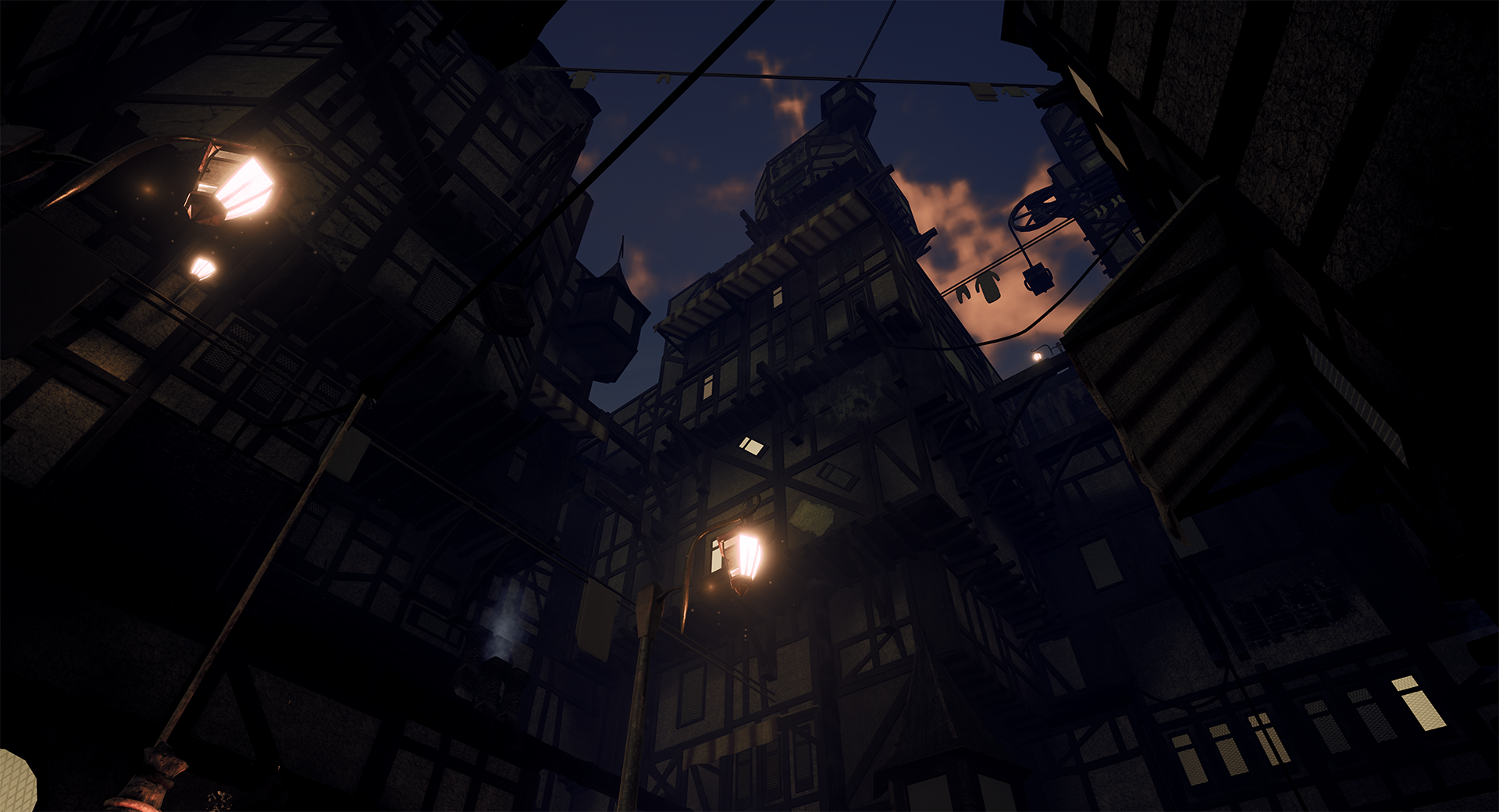 An Unreal Engine Render of the environment showing the early dawn sky and many stories of tudor style buildings from a different angle