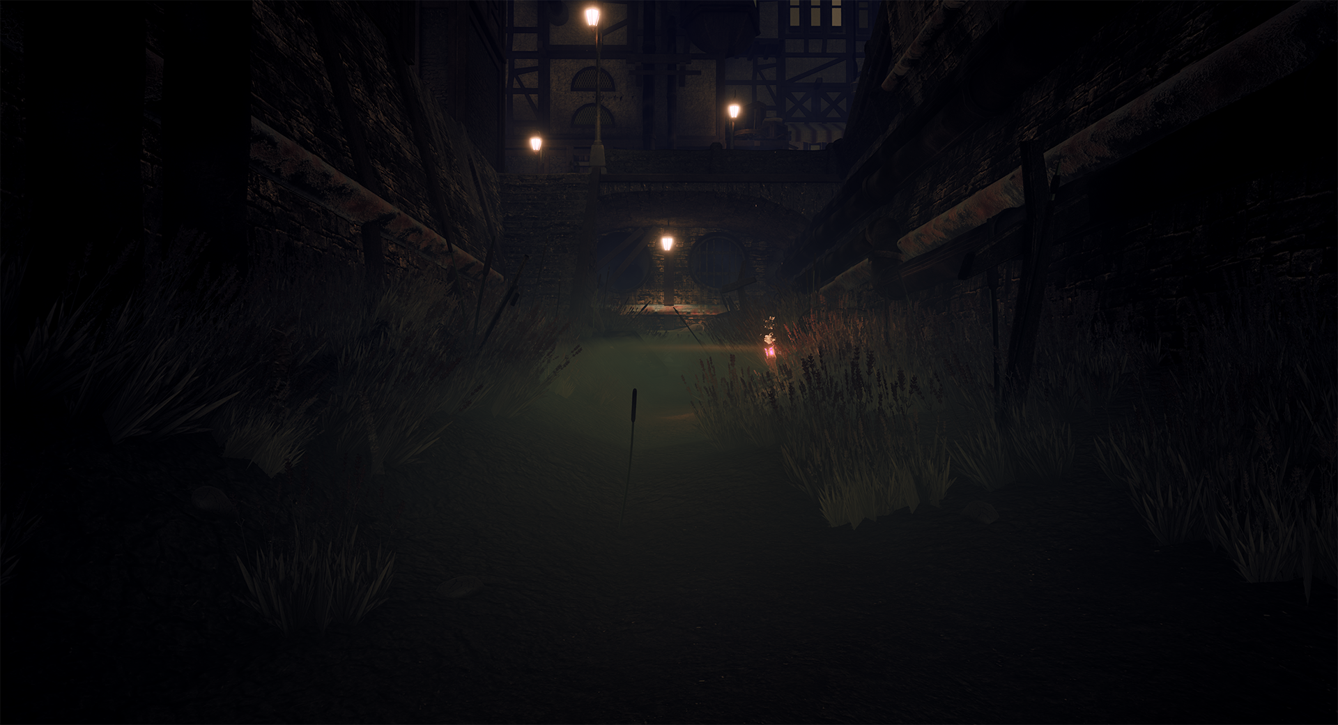 An Unreal Engine Render of the environment showing the misty canal full of weeds, mud, and dirty water leading towar drainage