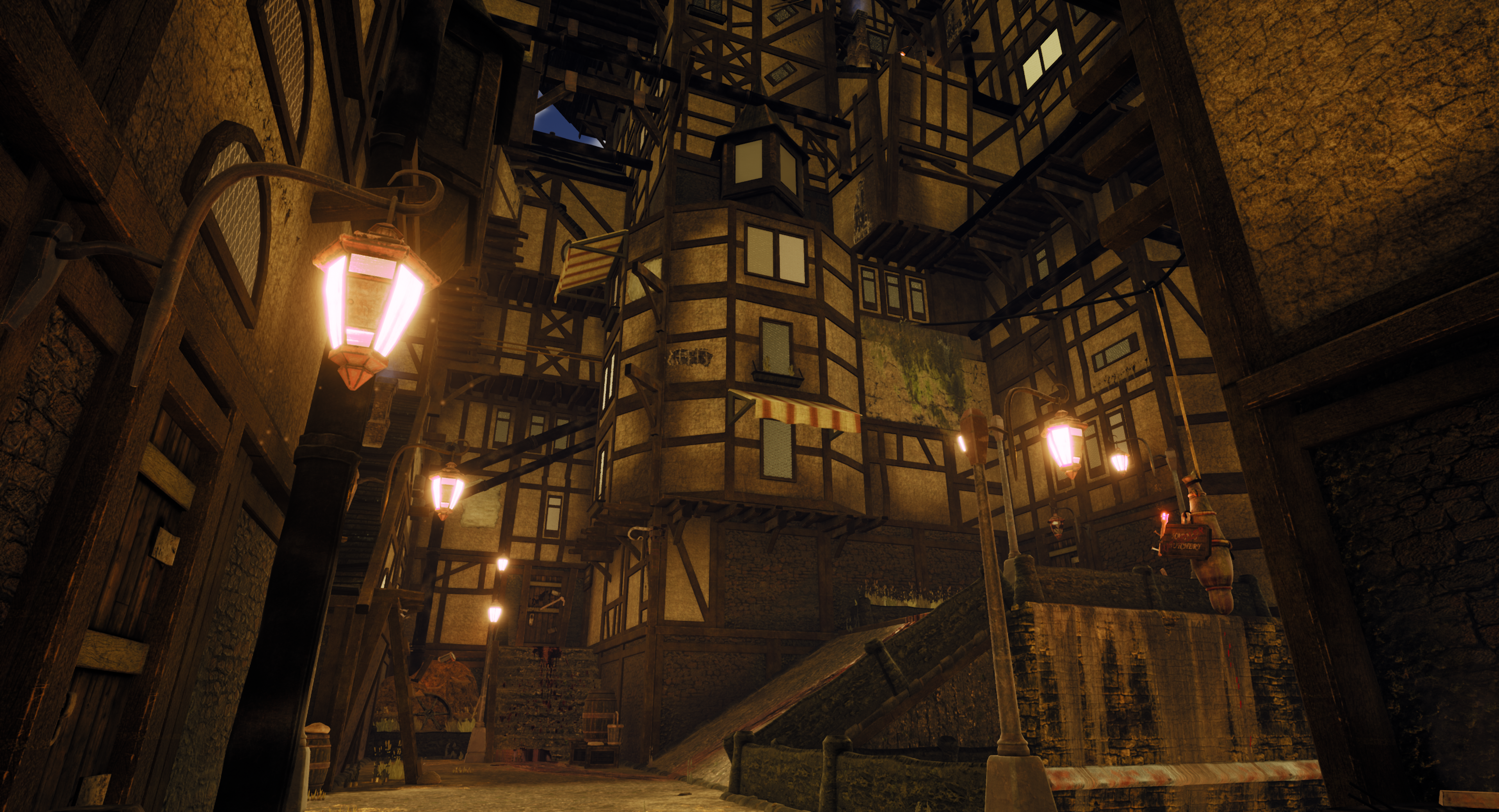 An Unreal Engine Render of the environment showing the back alleys of the environment brightly lit, showing the scene of the crime