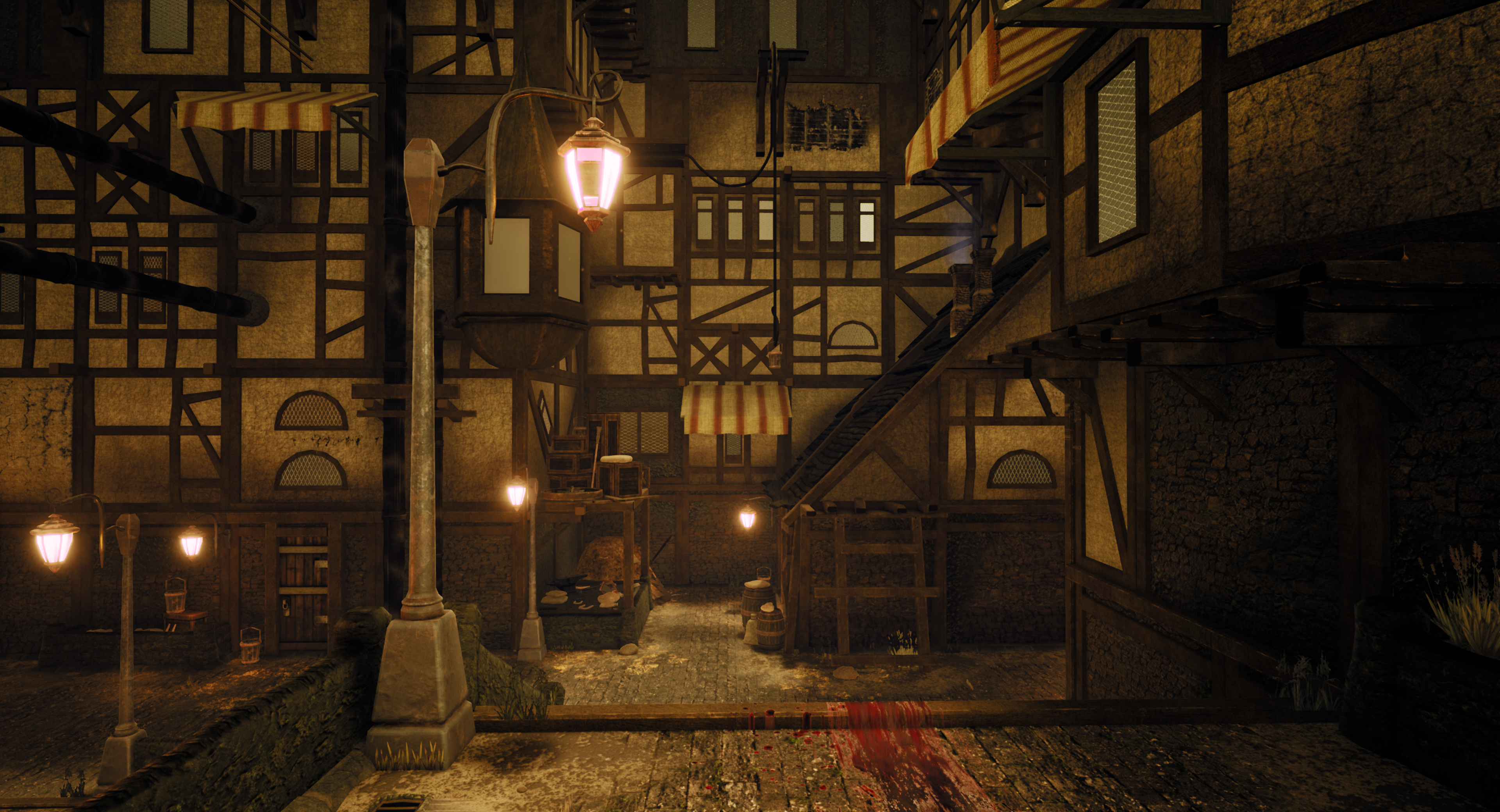 An Unreal Engine Render of the environment showing the back alleys of the environment brightly lit, showing better the layout of the space